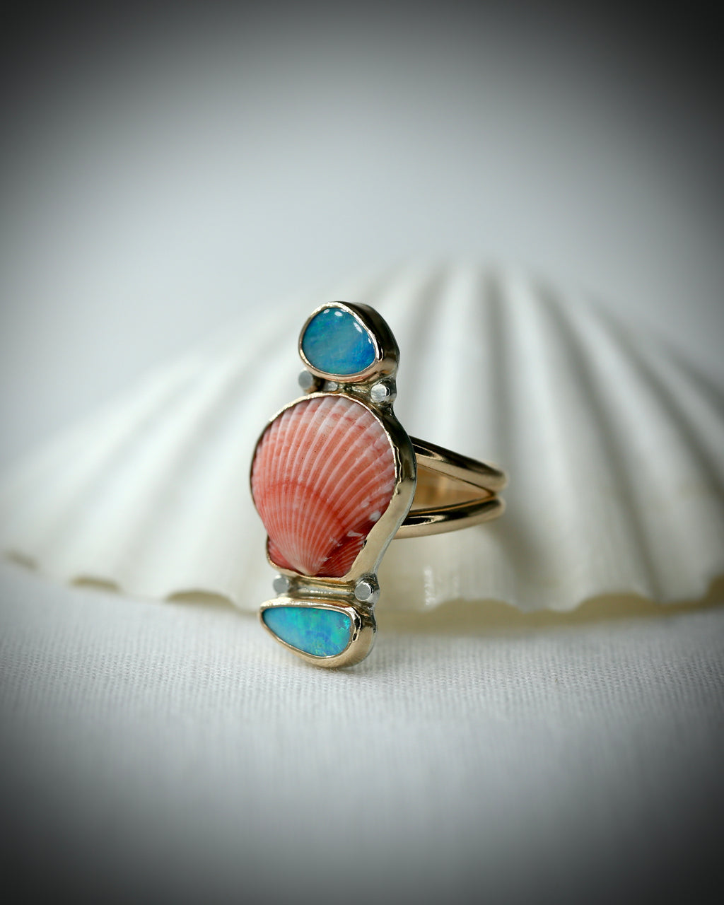 Pink Scallop Shell & Opal Ring - 14k Gold Fill Size 7.5