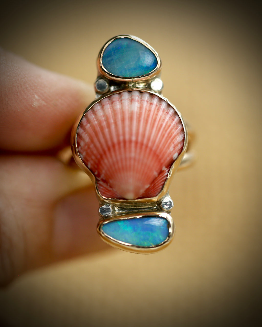 Pink Scallop Shell & Opal Ring - 14k Gold Fill Size 7.5