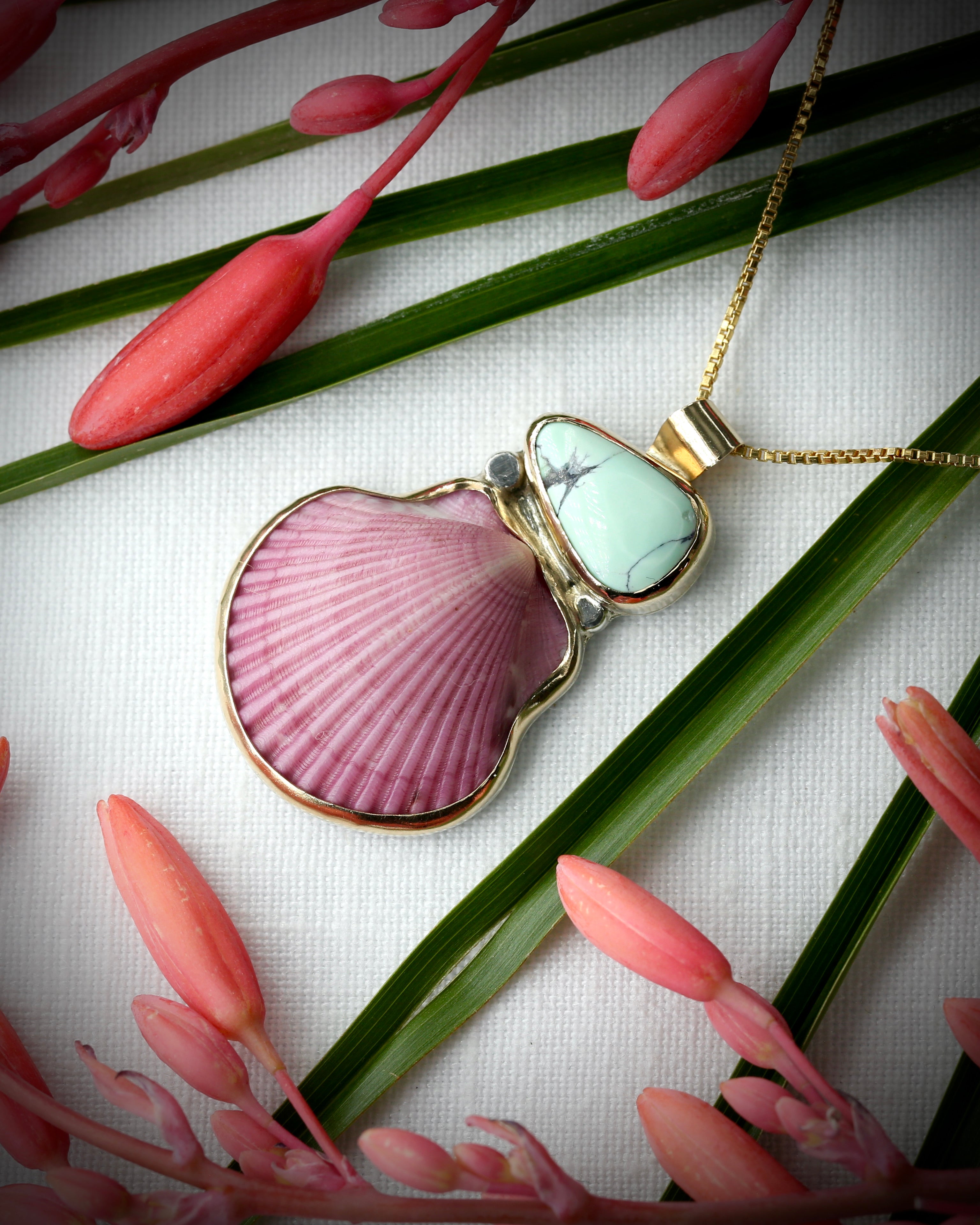Purple scallop shell and green variscite pendant necklace in 14k gold fill