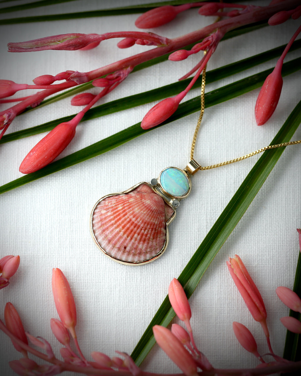 Bright Pink Scallop Shell & Opal Necklace -14k Gold Filled