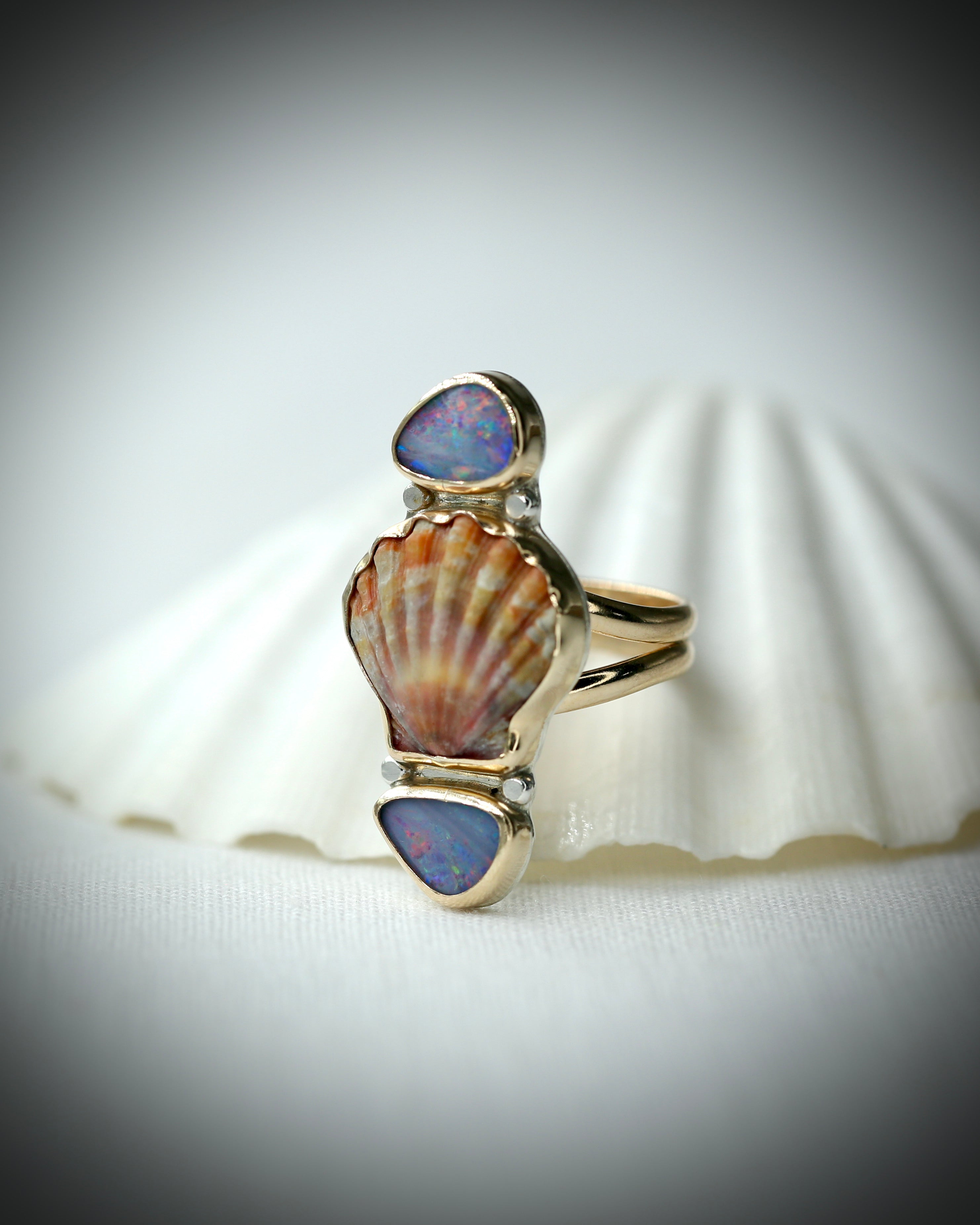 Sunrise Shell and Opal Ring - 14k Gold Fill Size 9.5