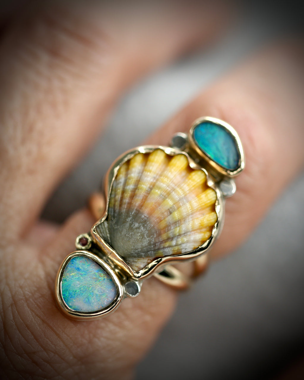 Hawaiian sunrise shell and opal ring in 14k gold fill