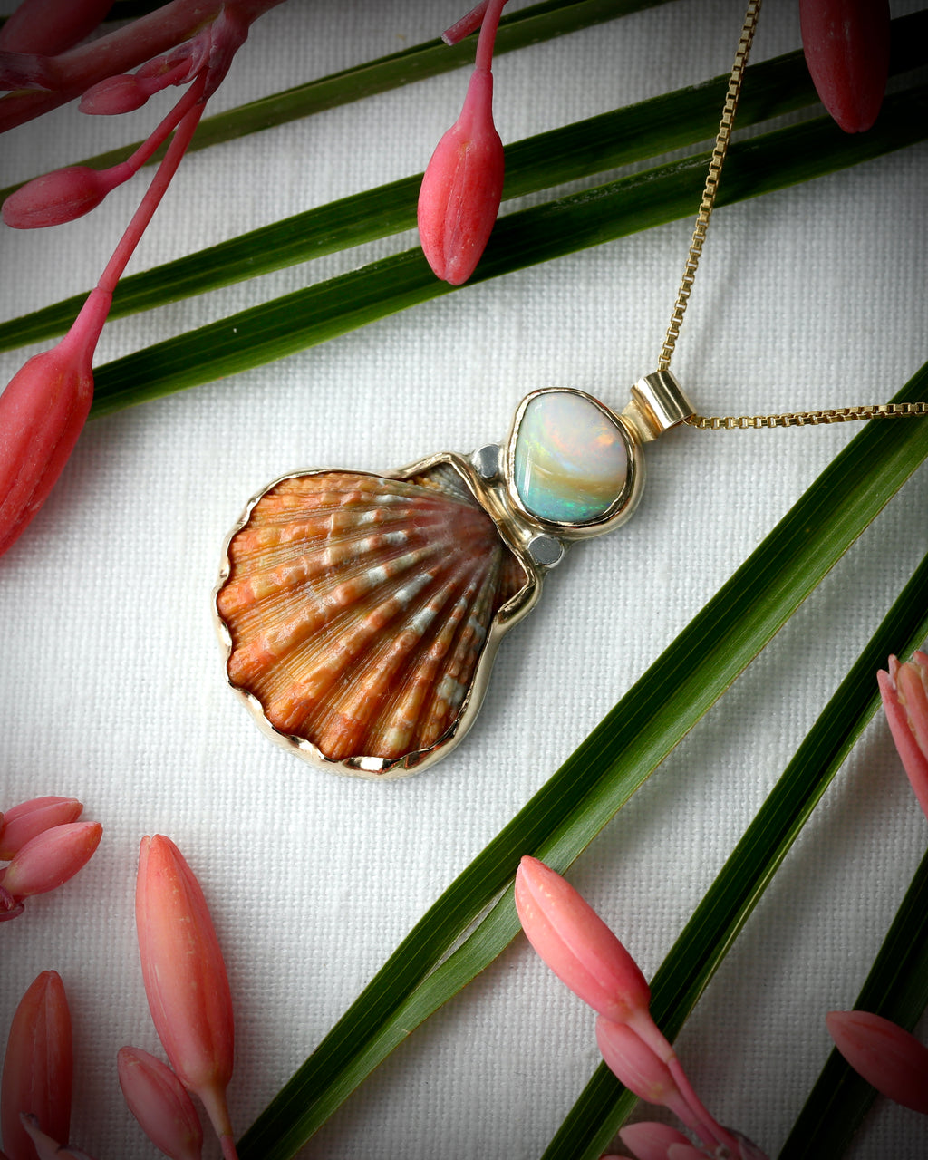 Hawaiian sunrise shell and Australian boulder opal pendant necklace in 14k gold fill