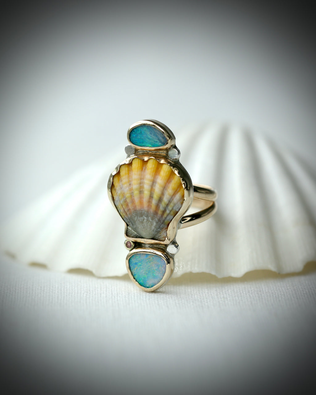 Sunrise Shell and Opal Ring - 14k Gold Fill Size 8.5