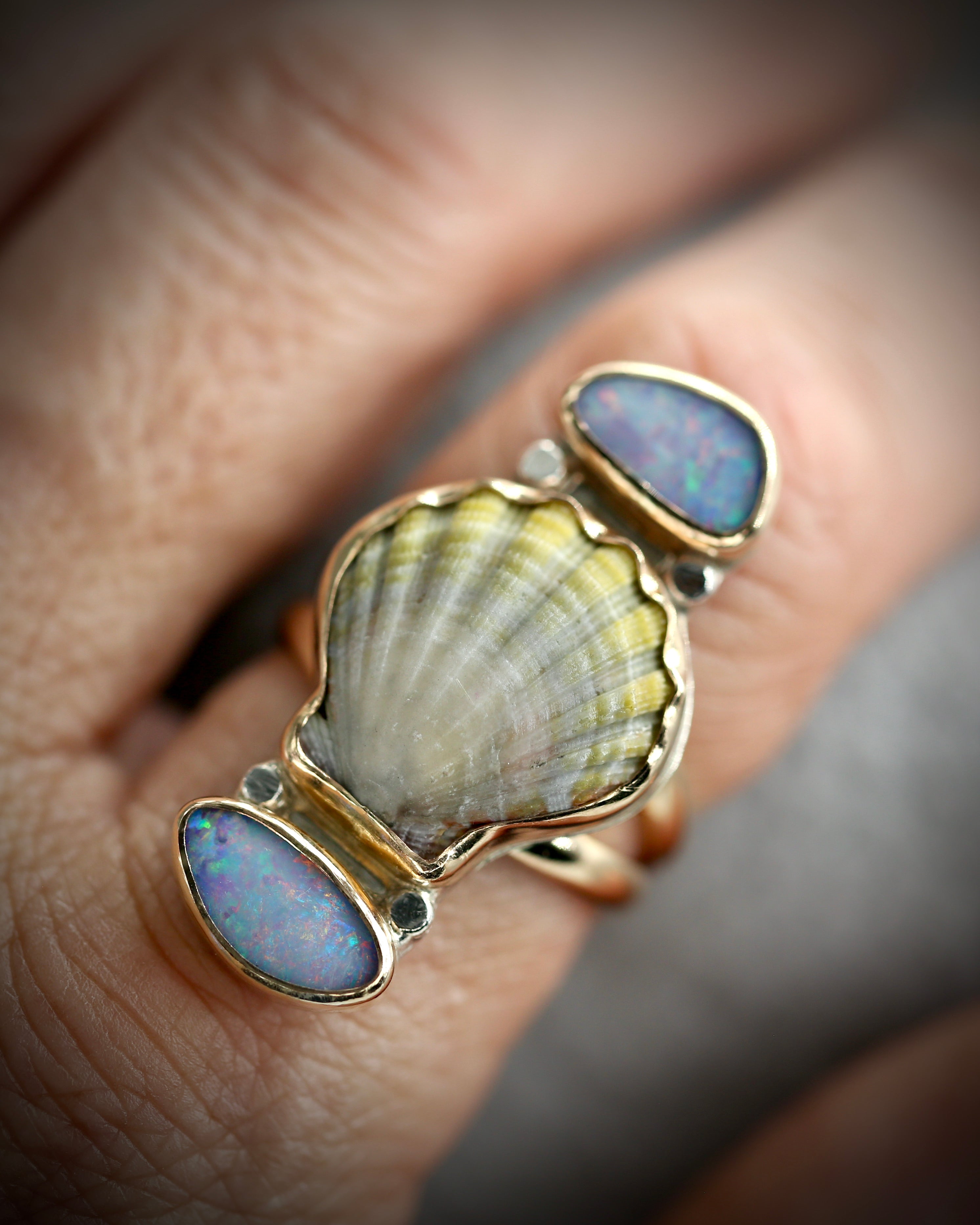 Hawaiian sunrise shell and opal ring in 14k gold fill