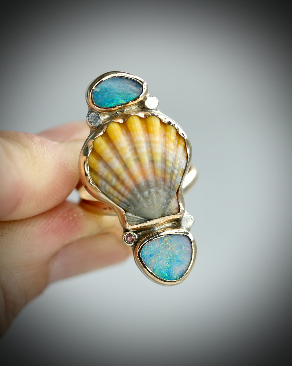 Sunrise Shell and Opal Ring - 14k Gold Fill Size 8.5