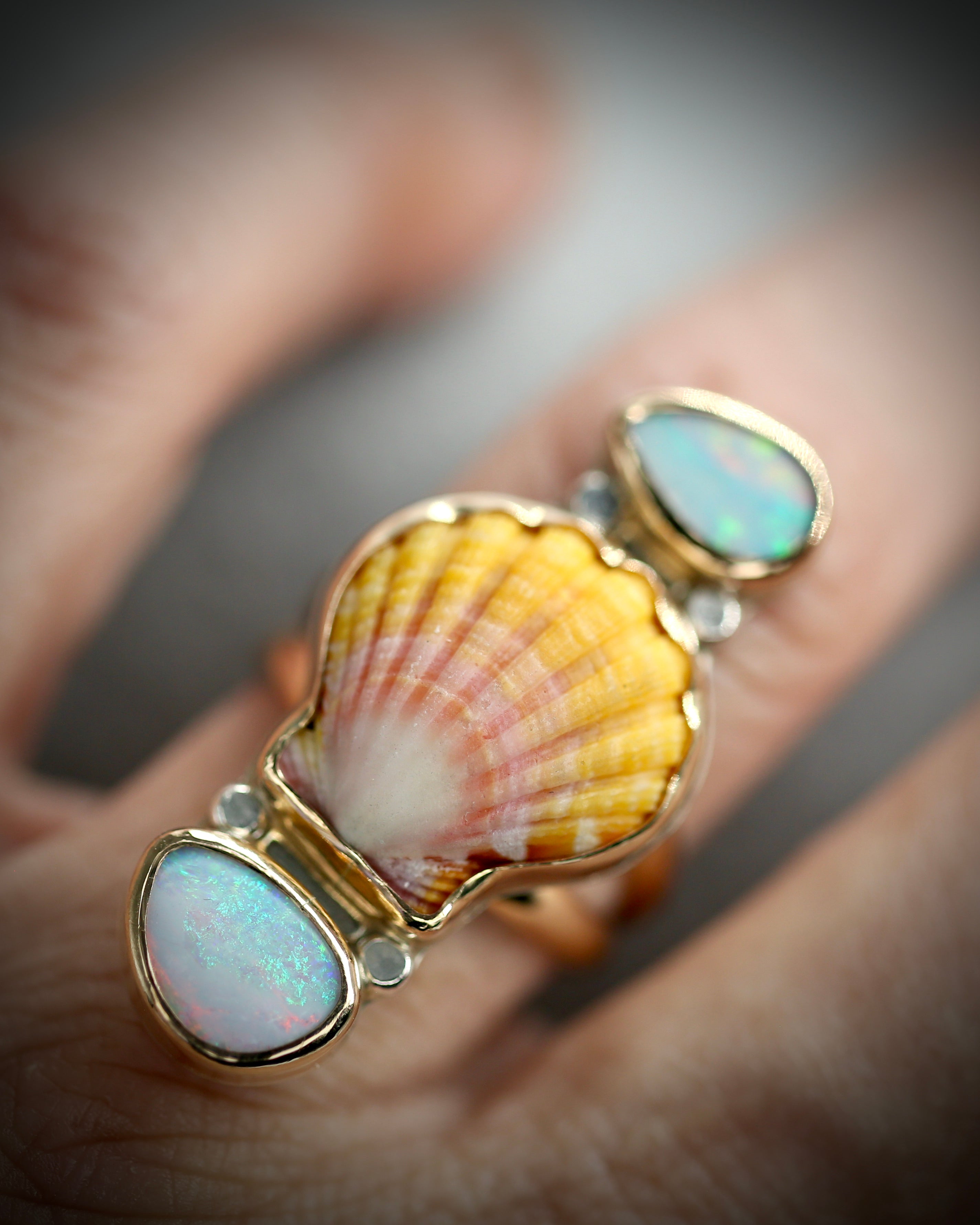 Hawaiian sunrise shell and opal ring in 14k gold fill