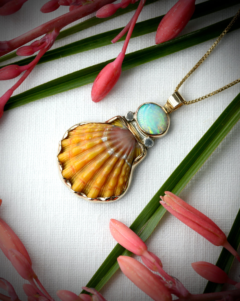 Hawaiian sunrise shell and Australian opal pendant necklace in 14k gold fill