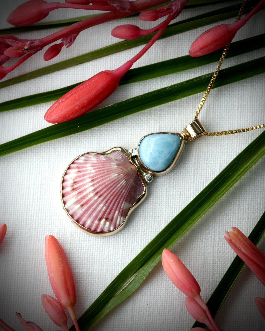 Pink scallop shell and larimar pendant necklace in 14k gold fill