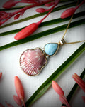 Pink scallop shell and larimar pendant necklace in 14k gold fill