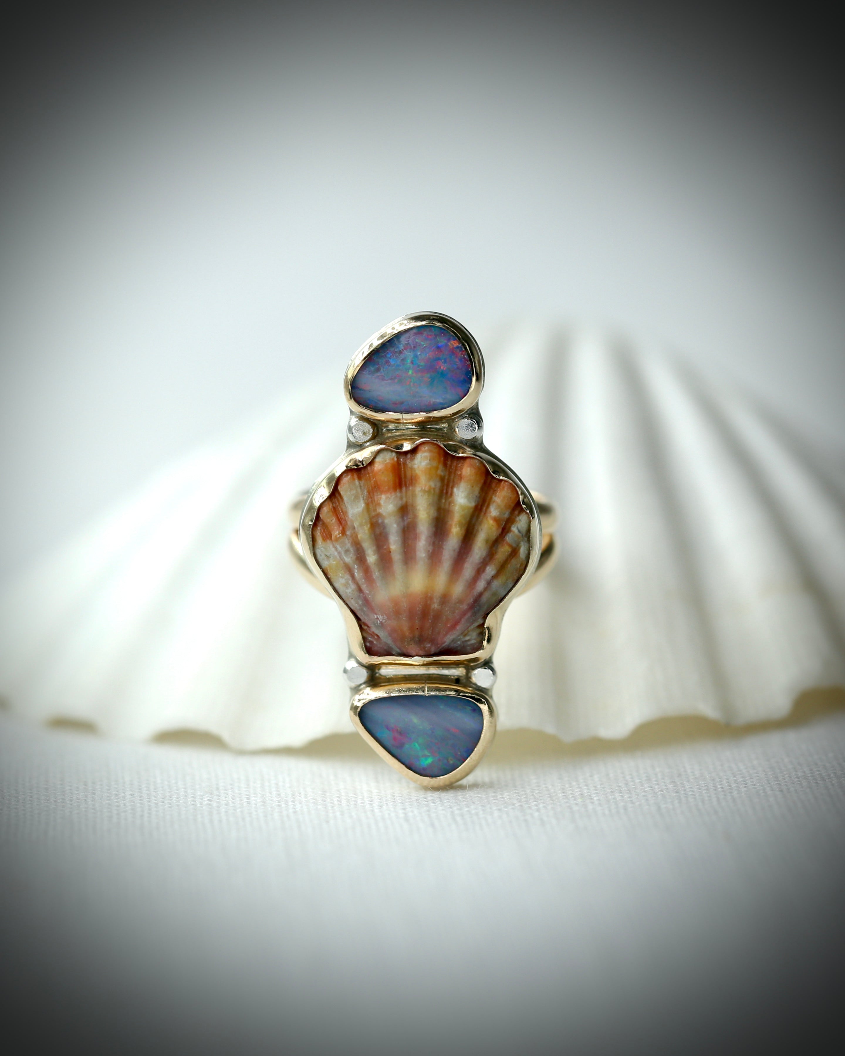 Sunrise Shell and Opal Ring - 14k Gold Fill Size 9.5