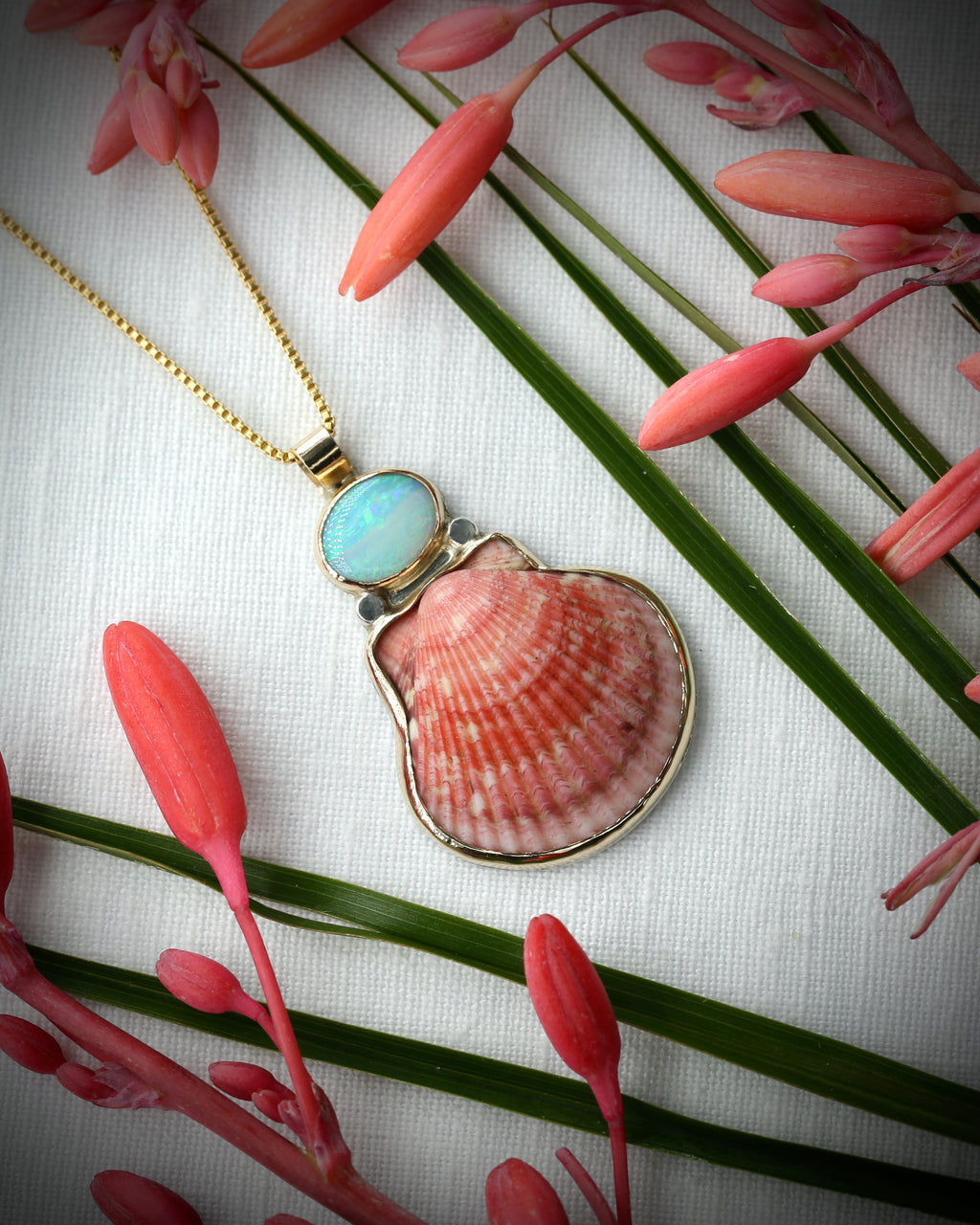 Pink scallop shell and Australian opal pendant necklace in 14k gold fill