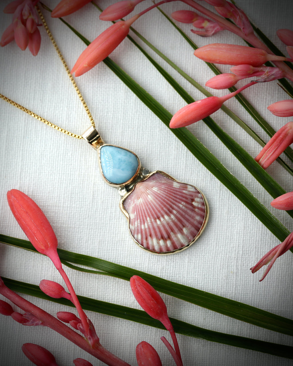 Pink Scallop Shell & Larimar Necklace - 14k Gold Filled