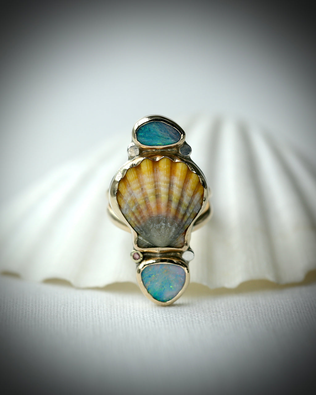 Sunrise Shell and Opal Ring - 14k Gold Fill Size 8.5