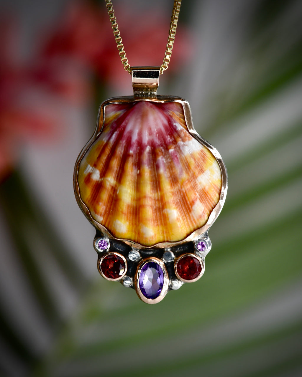 Hawaiian Sunrise Shell Sapphire and Amethyst Necklace