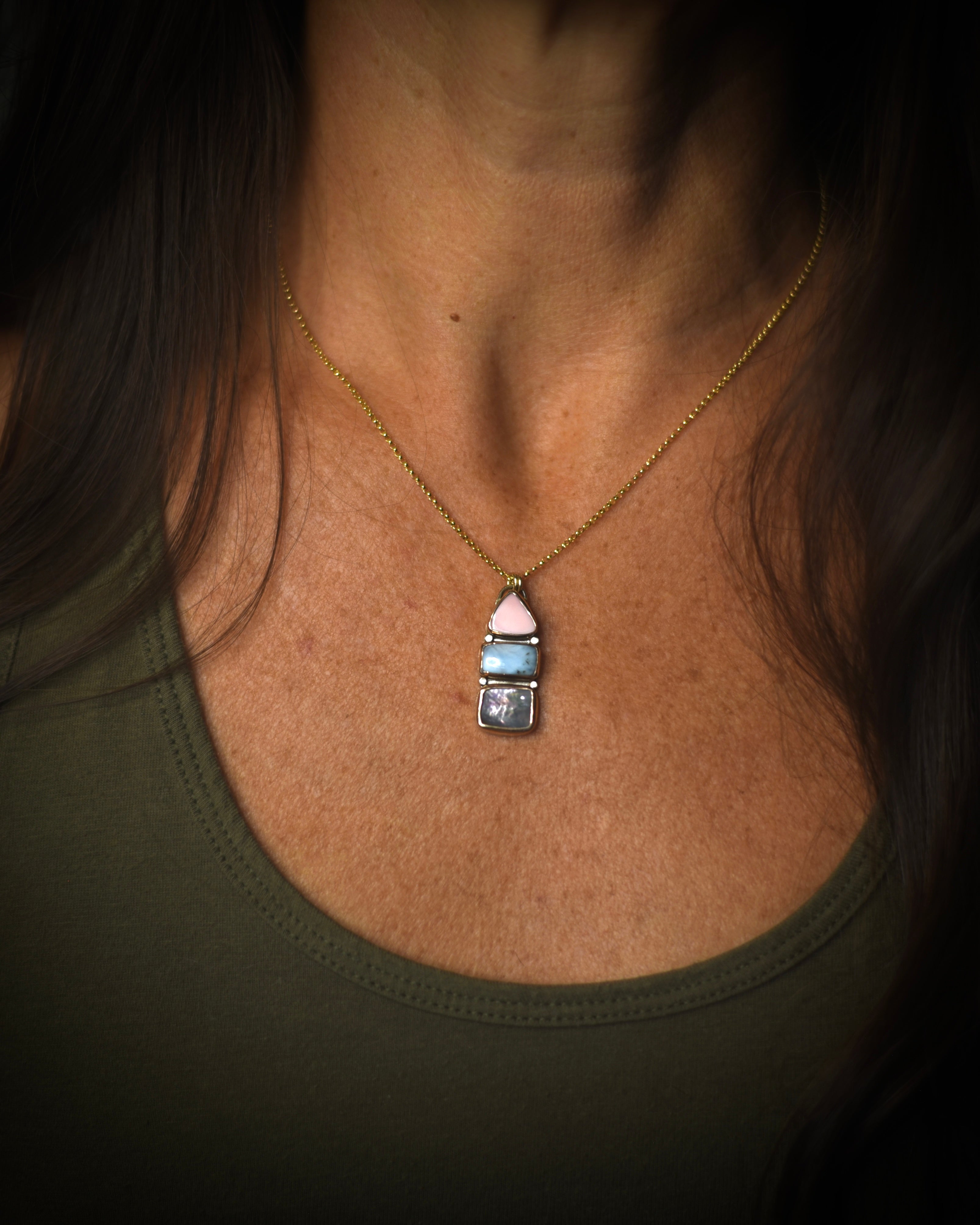 Pink Conch Larimar and Abalone Necklace - 14k Gold Filled