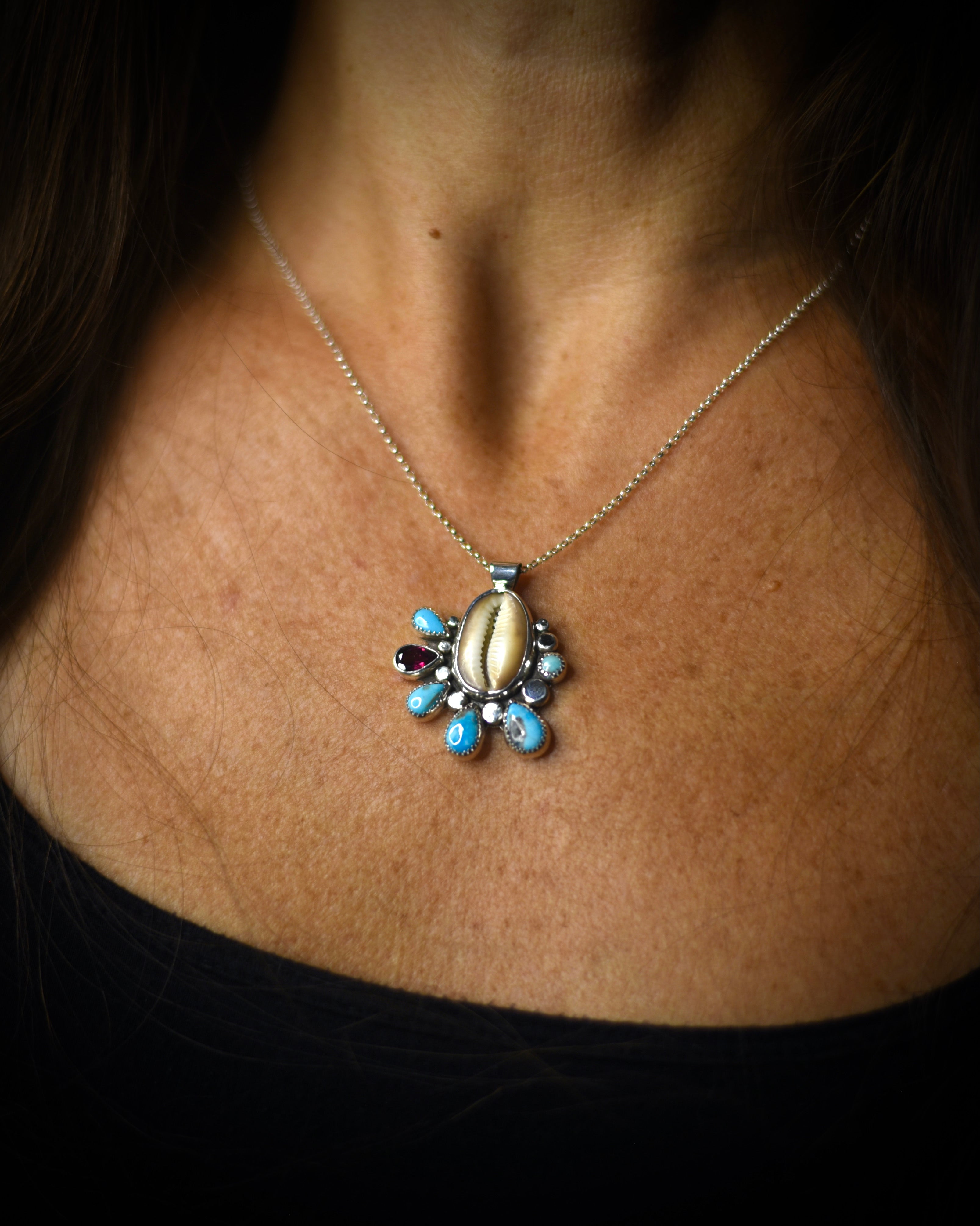 Hawaiian Cowry Shell Turquoise and Garnet Necklace