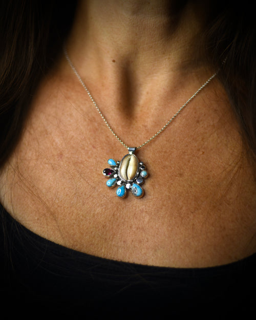 Hawaiian Cowry Shell Turquoise and Garnet Necklace