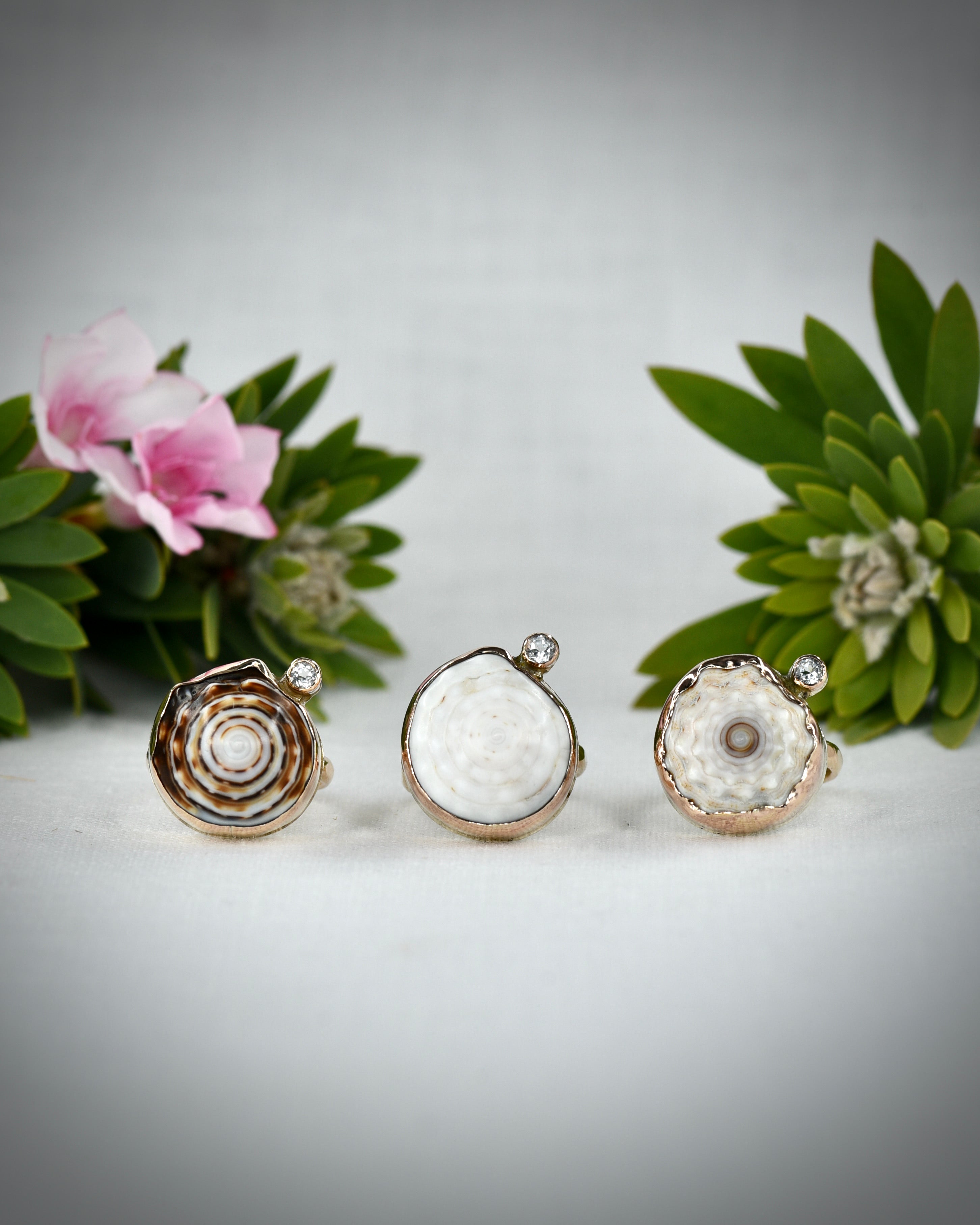 Three Hawaiian puka shell rings with white topaz accents displayed together among tropical flowers