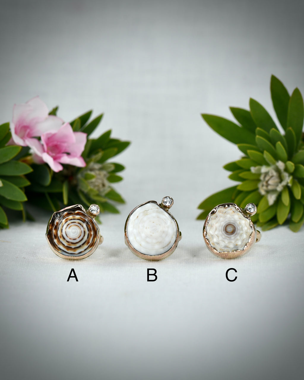 Hawaiian puka shell ring options A through C displayed side by side for comparison