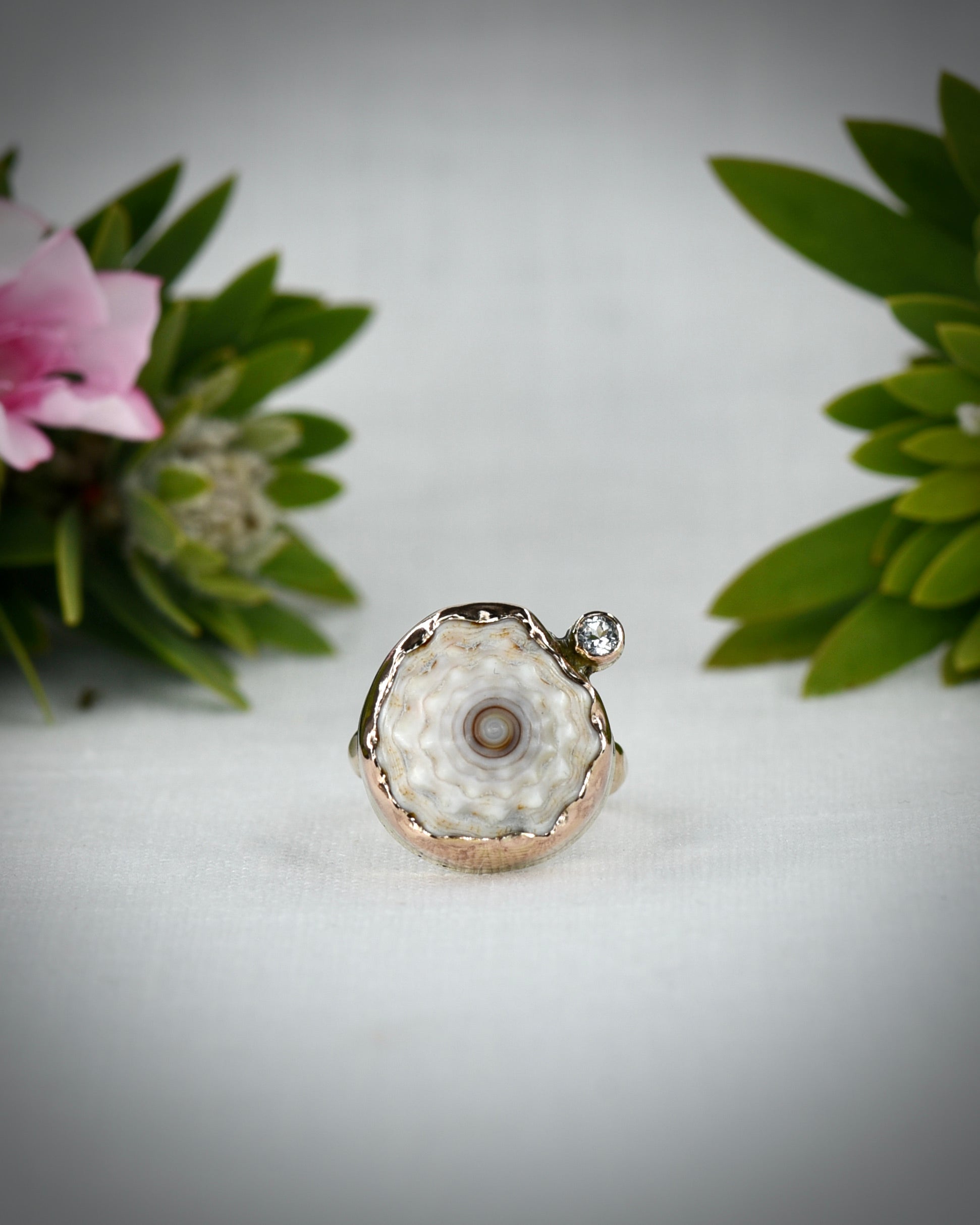 Front view of white Hawaiian puka shell ring with a centered 3 mm white topaz accent
