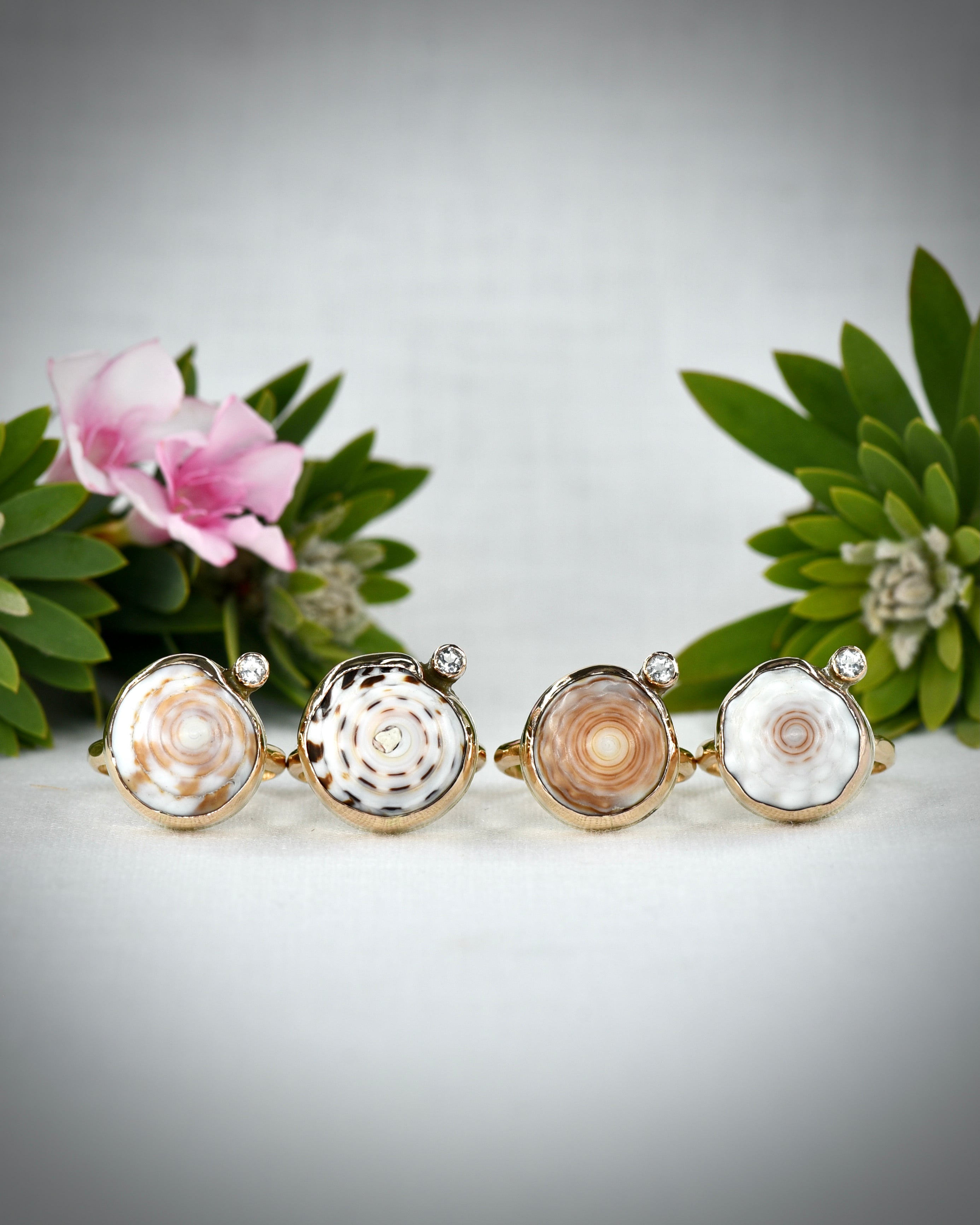 Four natural Hawaiian puka shell rings displayed together among tropical flowers, showing variations in color and pattern
