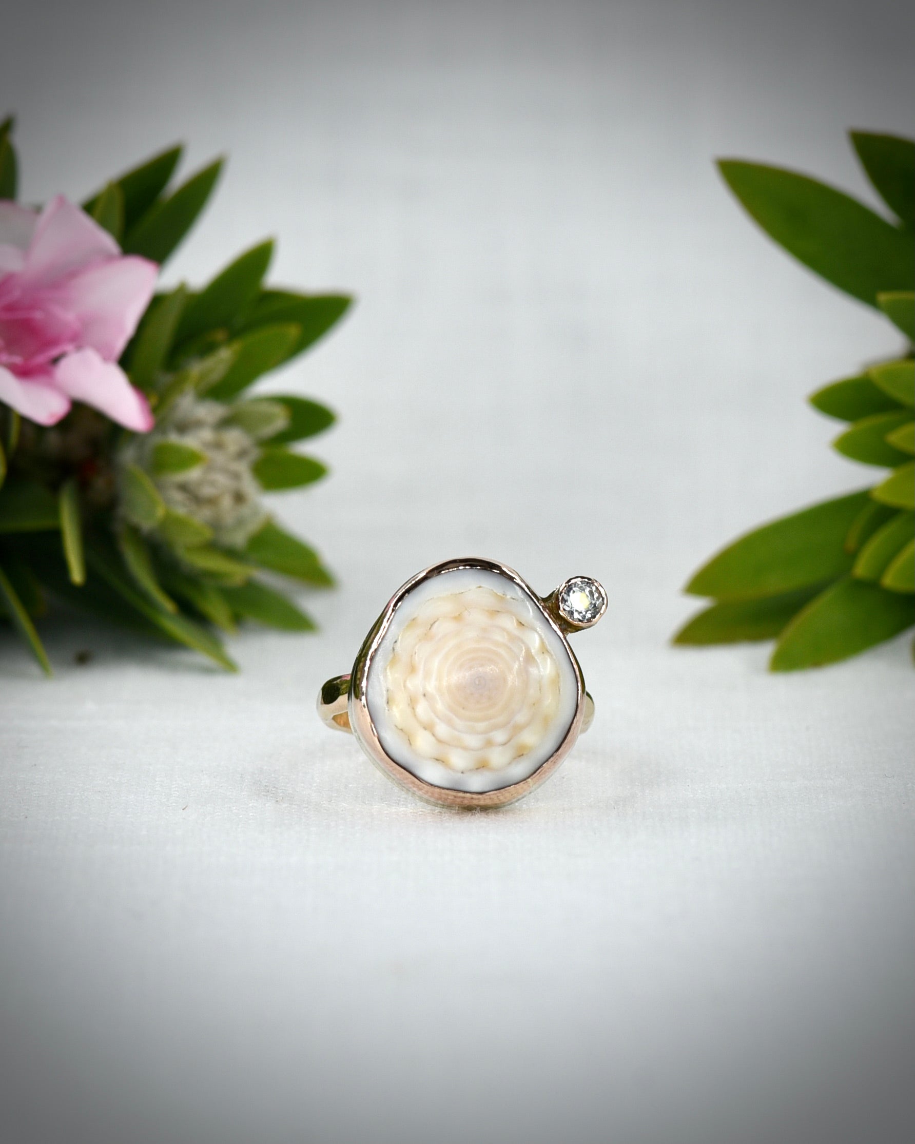 Front view of cream Hawaiian puka shell ring displayed among tropical flowers