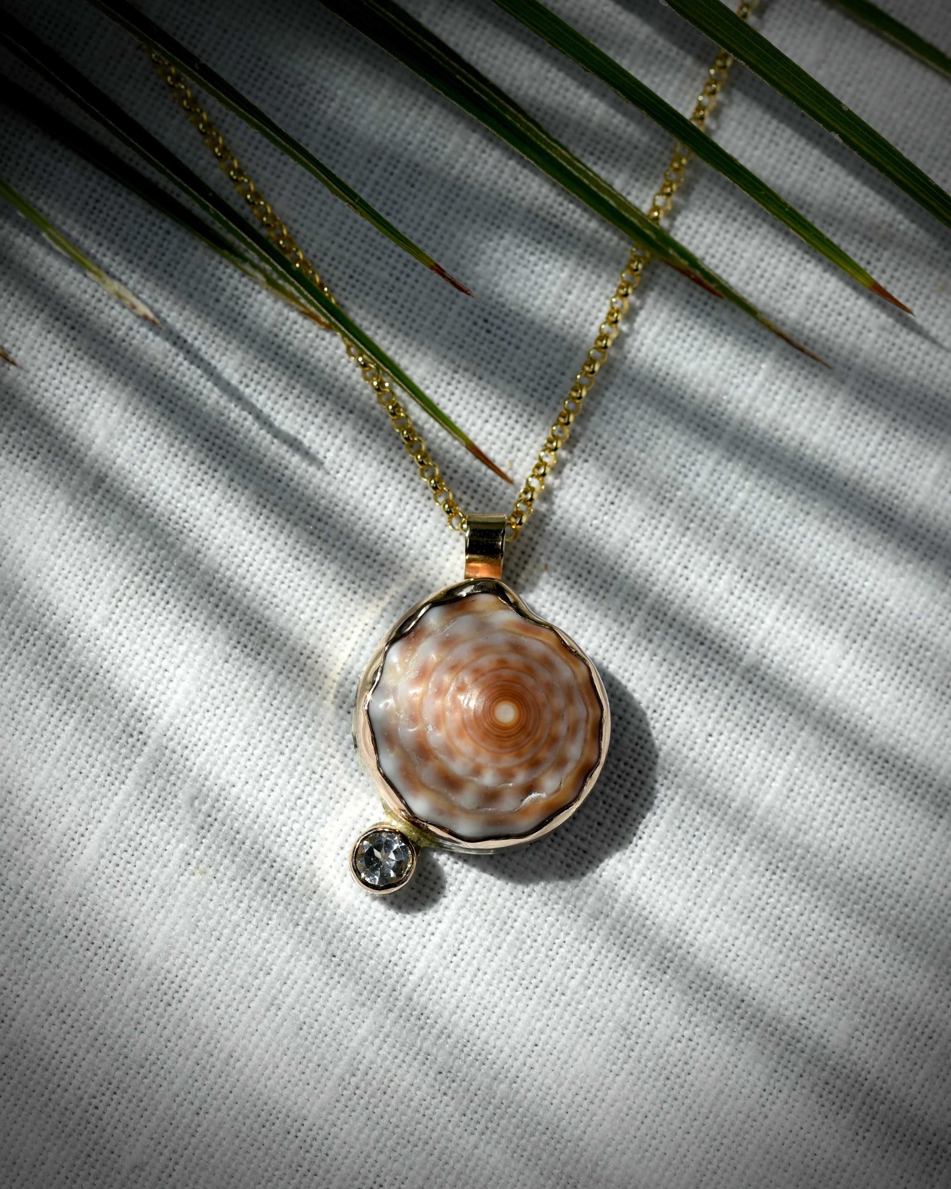 Close view of mottled cream and brown Hawaiian puka shell and topaz Midi Puka Dot necklace displayed beneath palm leaves
