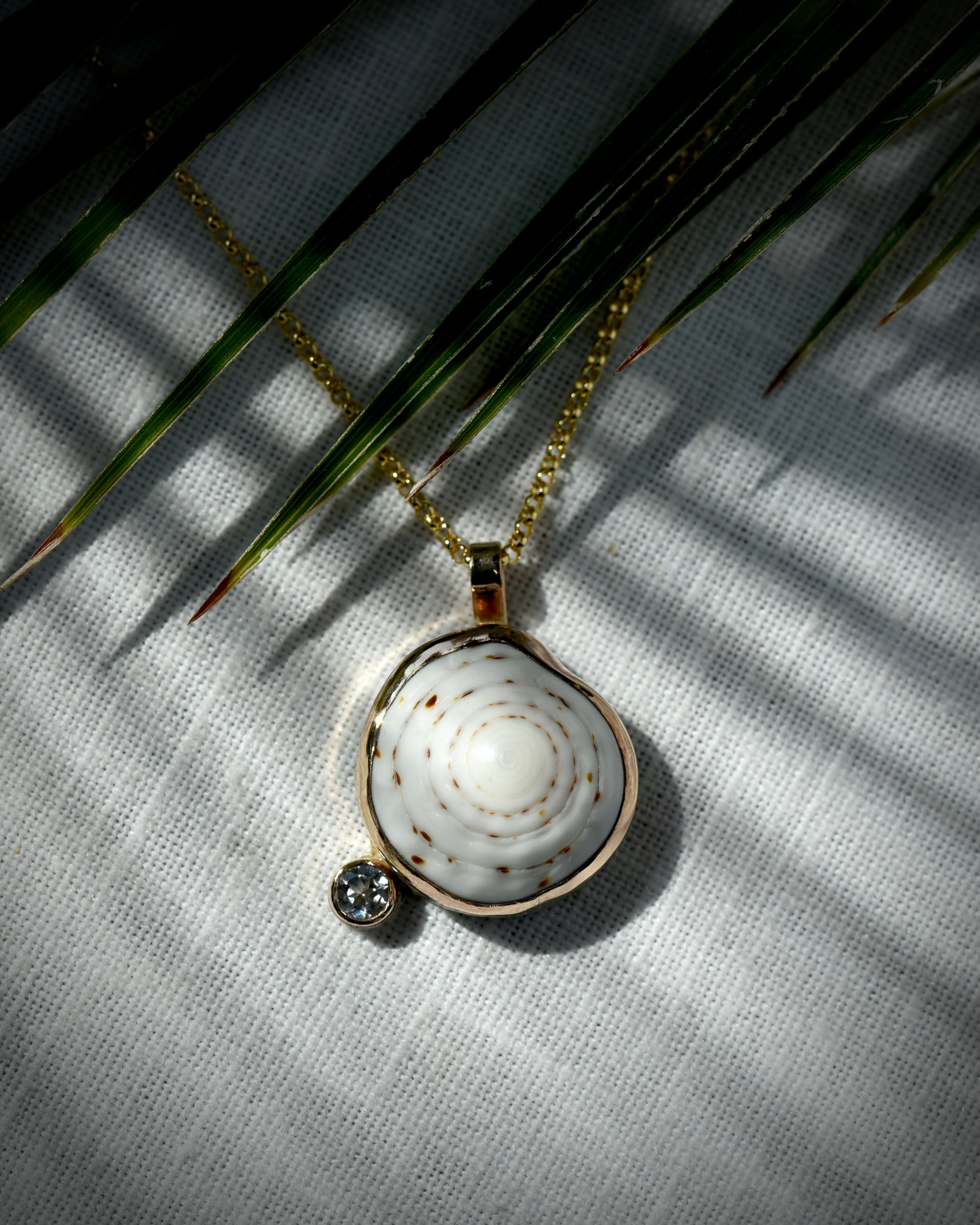 Close view of white spotted Hawaiian puka shell and topaz Midi Puka Dot necklace displayed beneath palm leaves