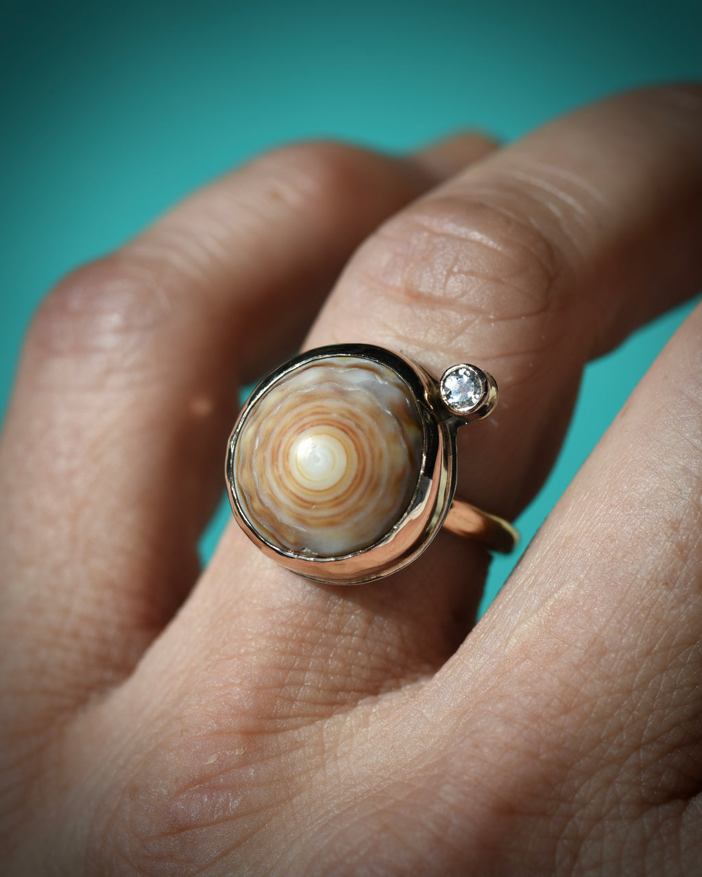 Warm tan Hawaiian puka shell ring worn on the finger, showing the natural shell pattern