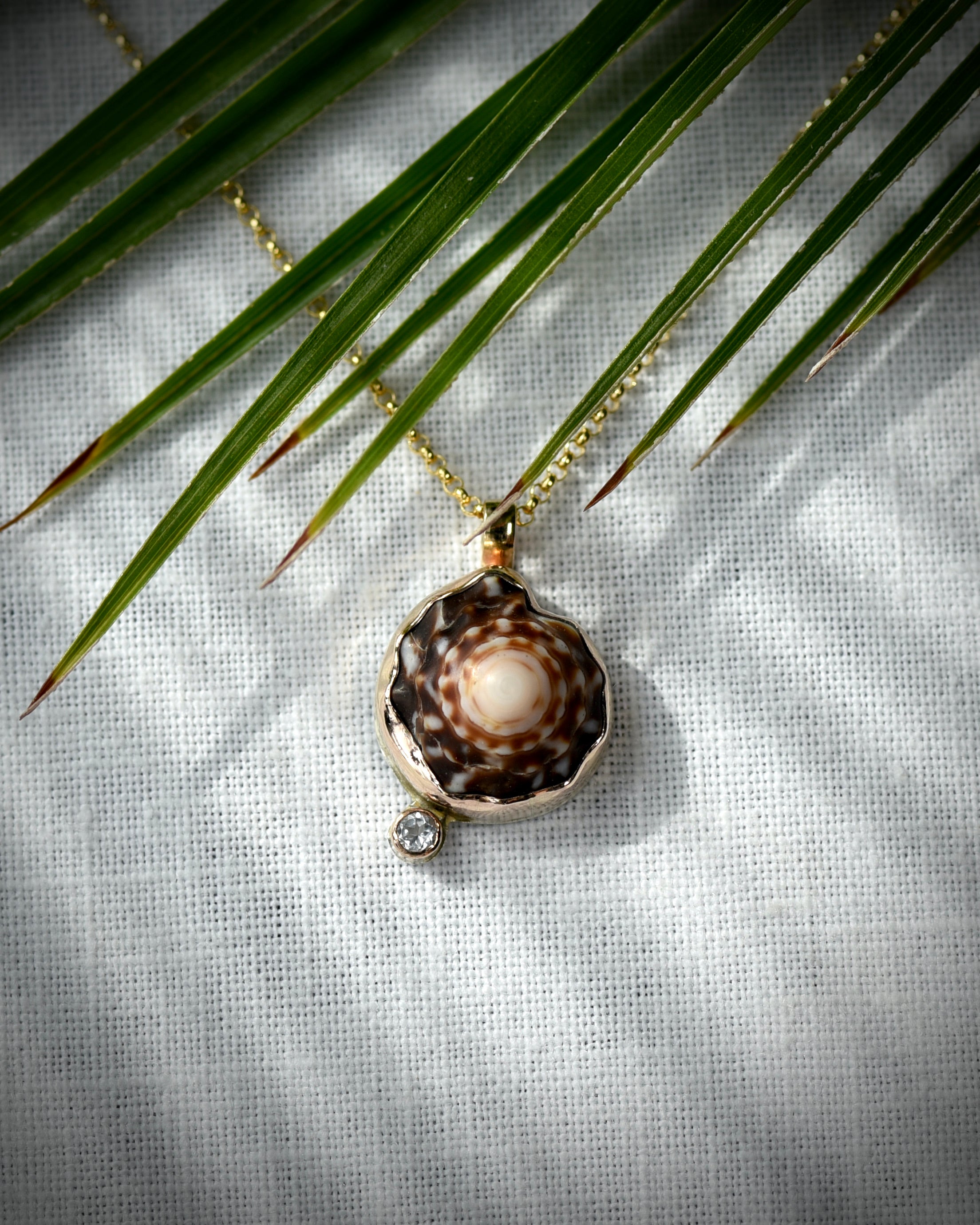 Close view of dark brown and cream Hawaiian puka shell and topaz Petite Puka Dot necklace displayed beneath palm leaves
