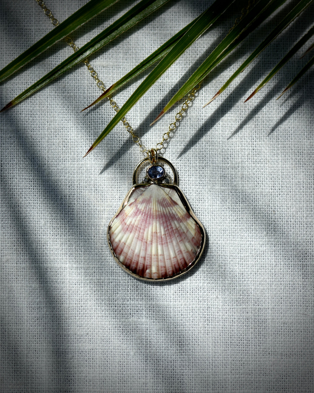 Close view of pale pink scallop shell pendant necklace displayed beneath palm leaves