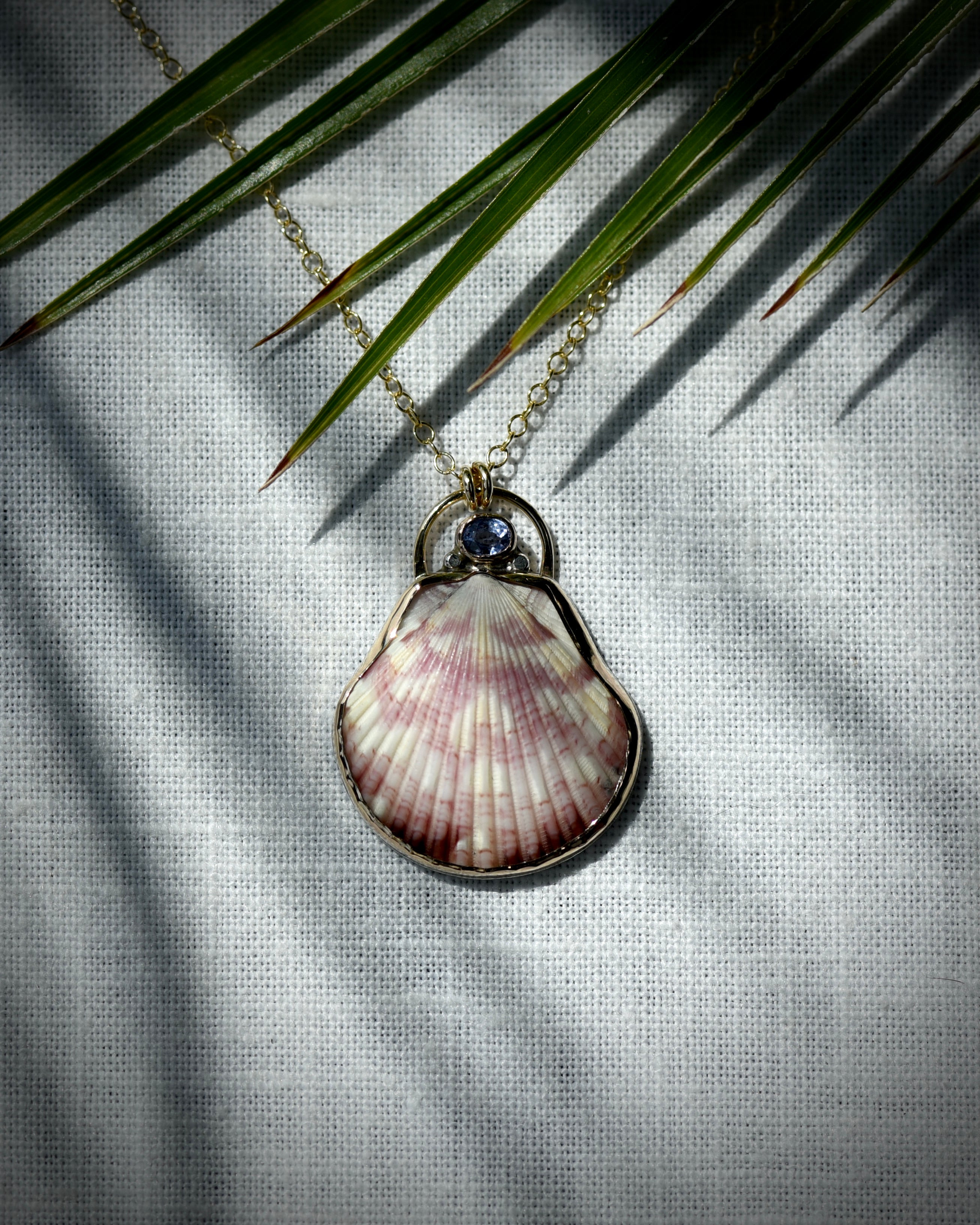 Close view of pale pink scallop shell pendant necklace displayed beneath palm leaves