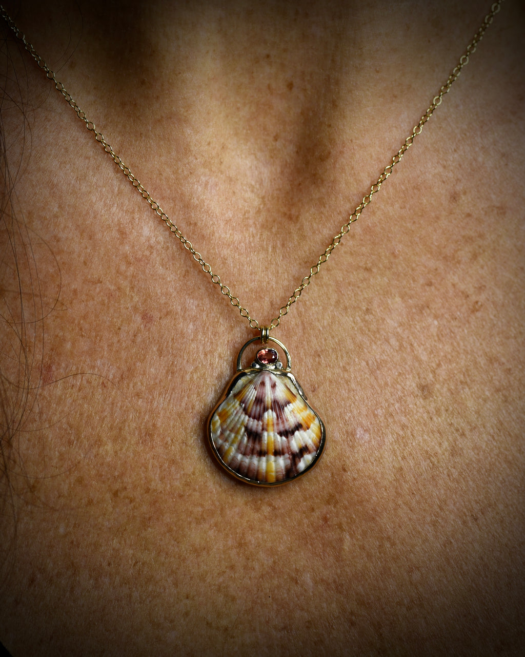 Patterned cream and brown scallop shell pendant necklace worn on a delicate chain