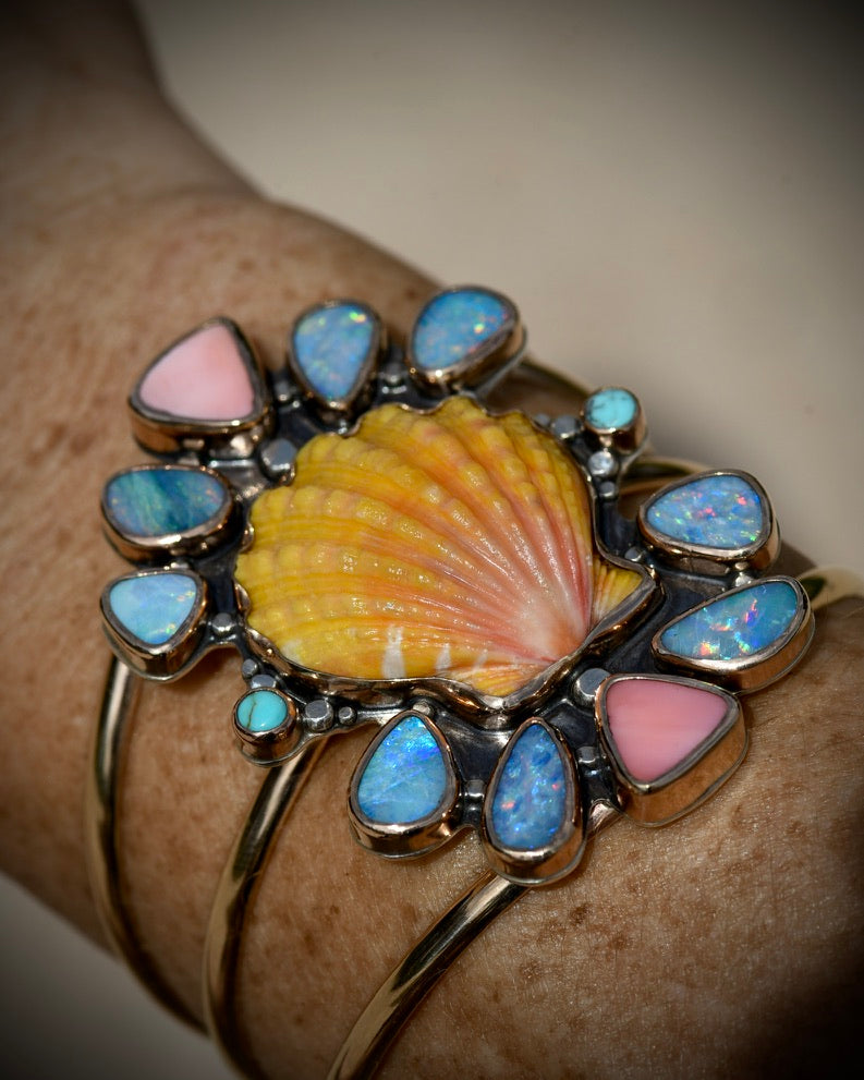 Reef Riot Cuff | Hawaiian Sunrise Shell, Opal, Turquoise & Queen Conch
