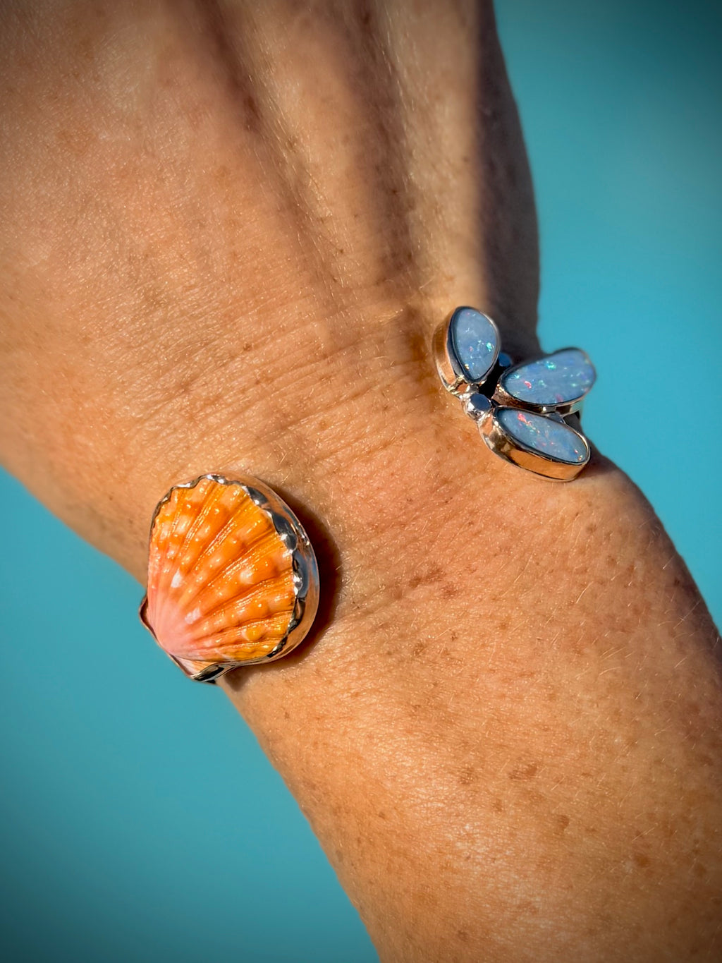 Orange Sunrise Shell and Opal Cuff Bracelet