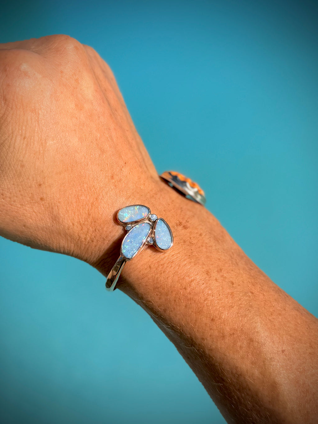 Orange Sunrise Shell and Opal Cuff Bracelet