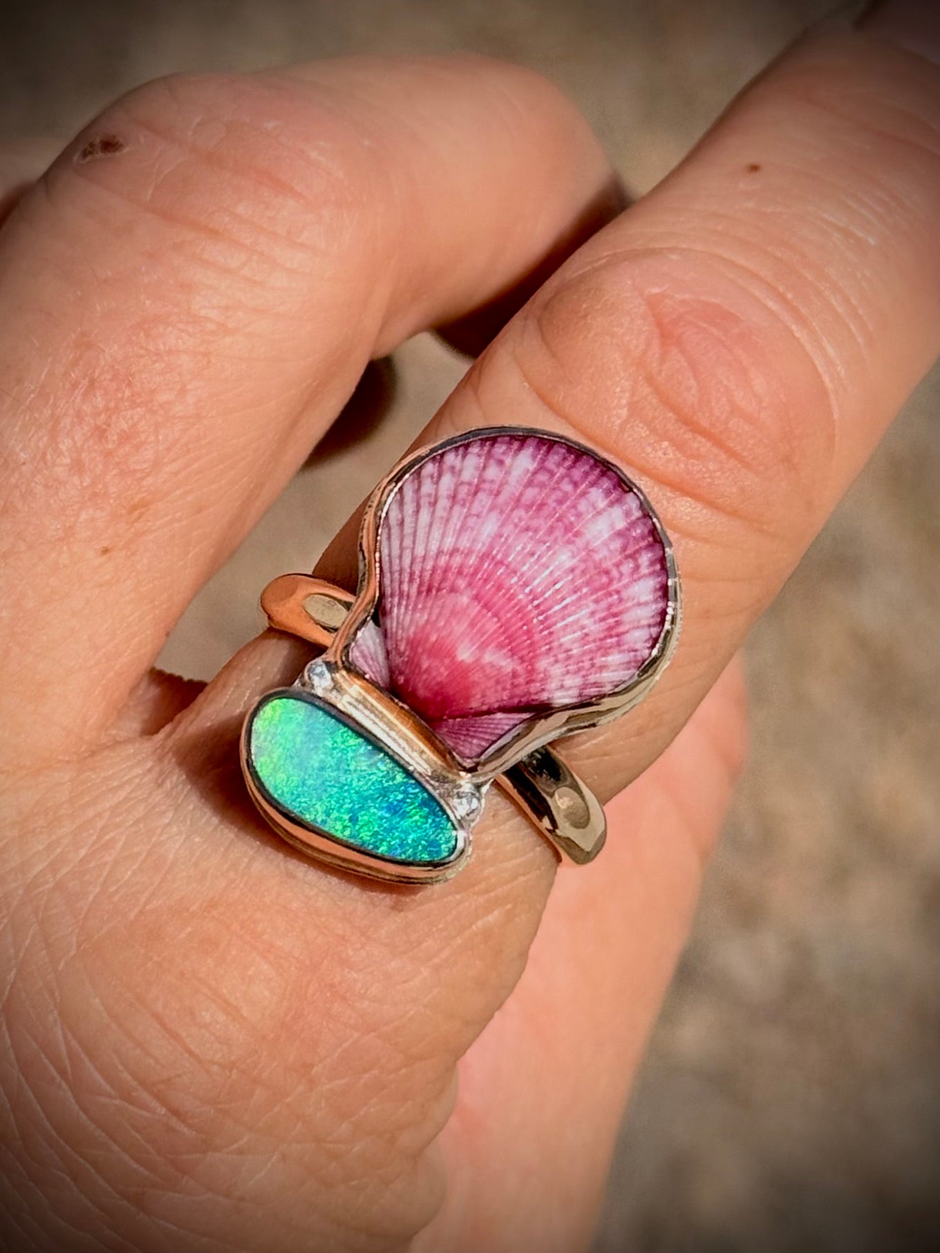 Custom Order For Macey - Pink Scallop Shell & Opal Ring - 14k Gold Fill Size 9