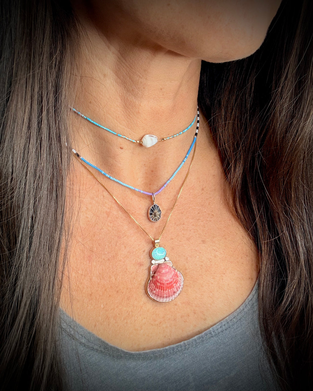 Bright Pink Scallop Shell & Opal Necklace -14k Gold Filled