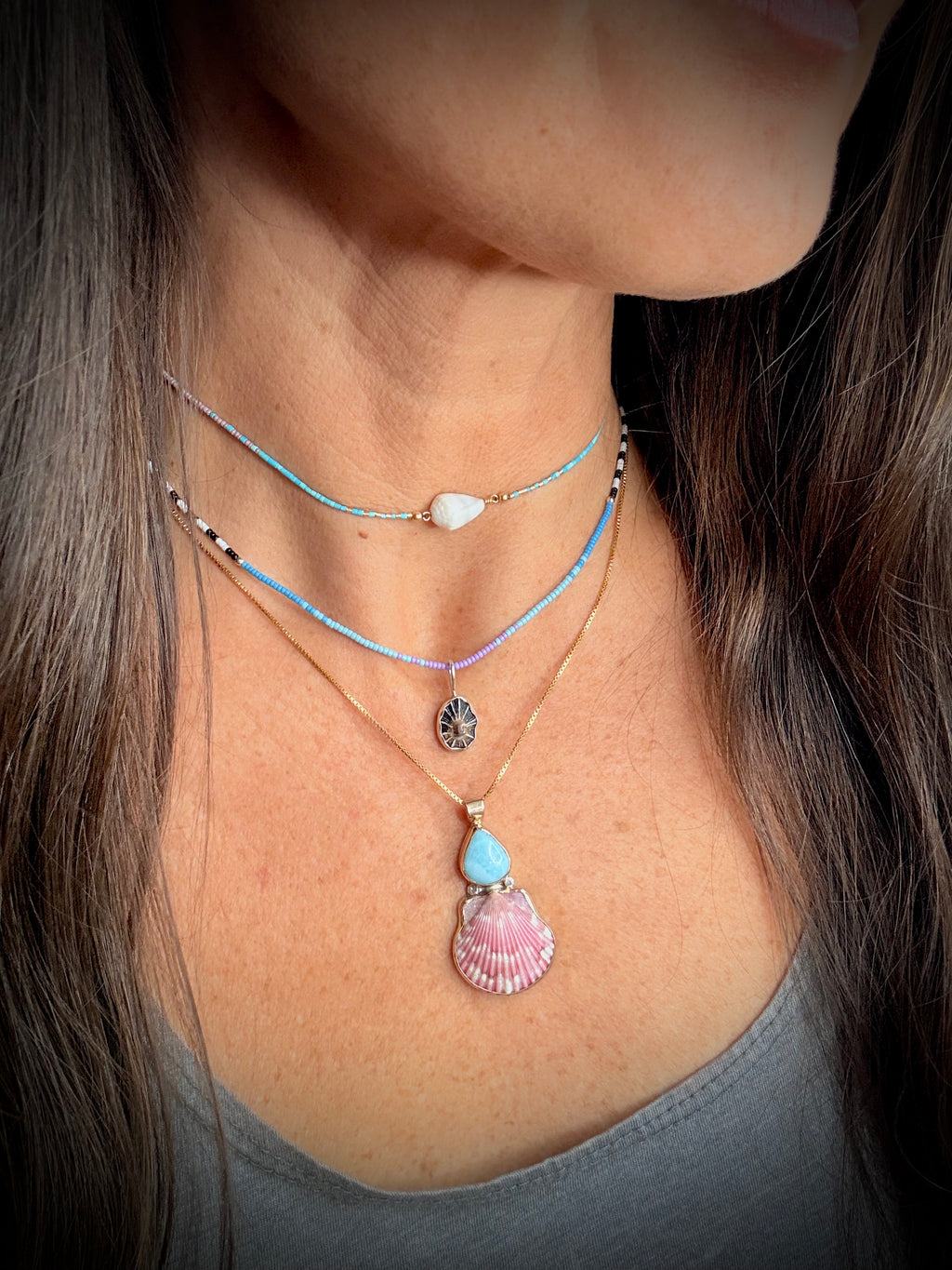 Pink Scallop Shell & Larimar Necklace - 14k Gold Filled