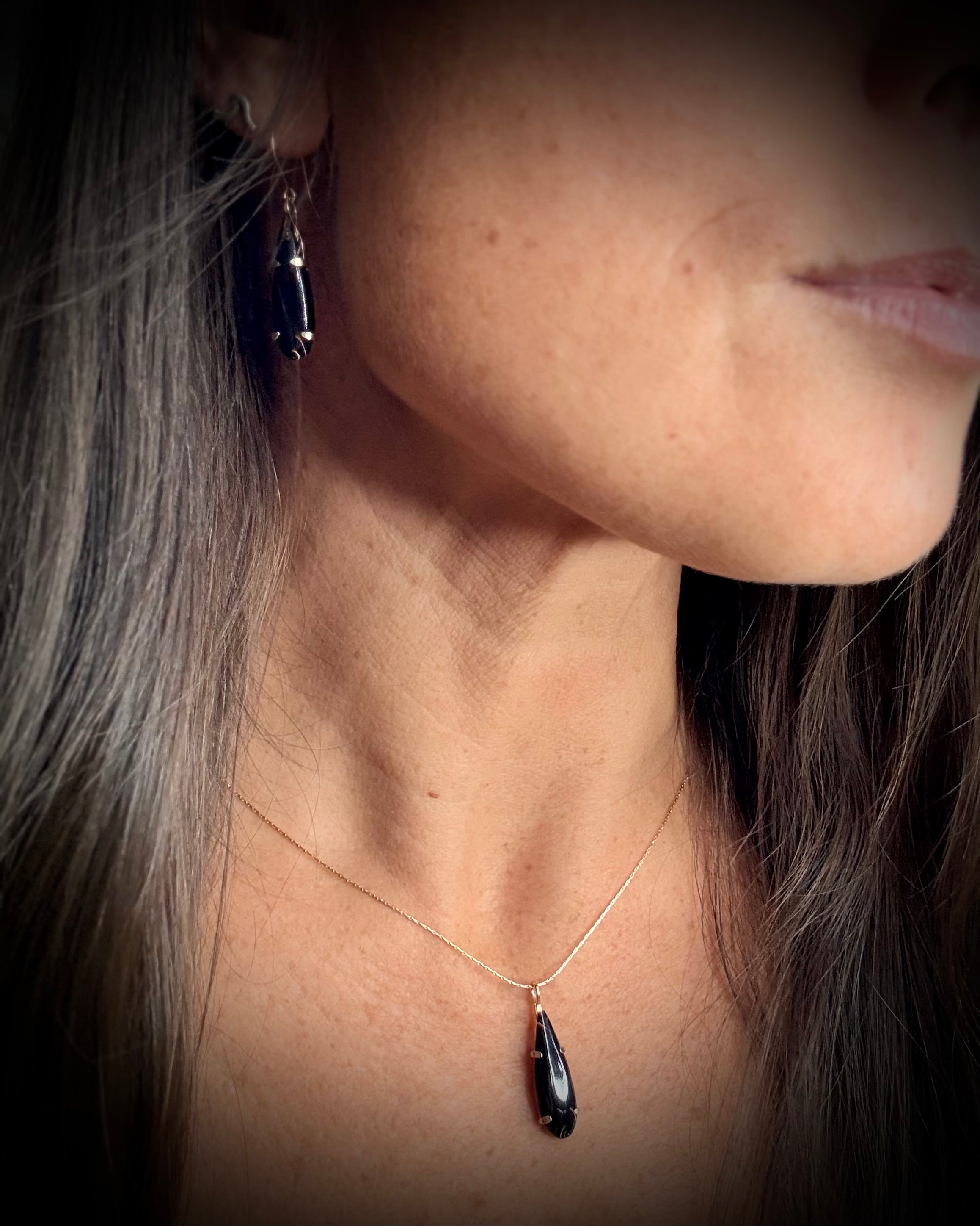 Vintage Hawaiian Black Coral Teardrop Necklace - 14k Gold Filled Prong Set Pendant