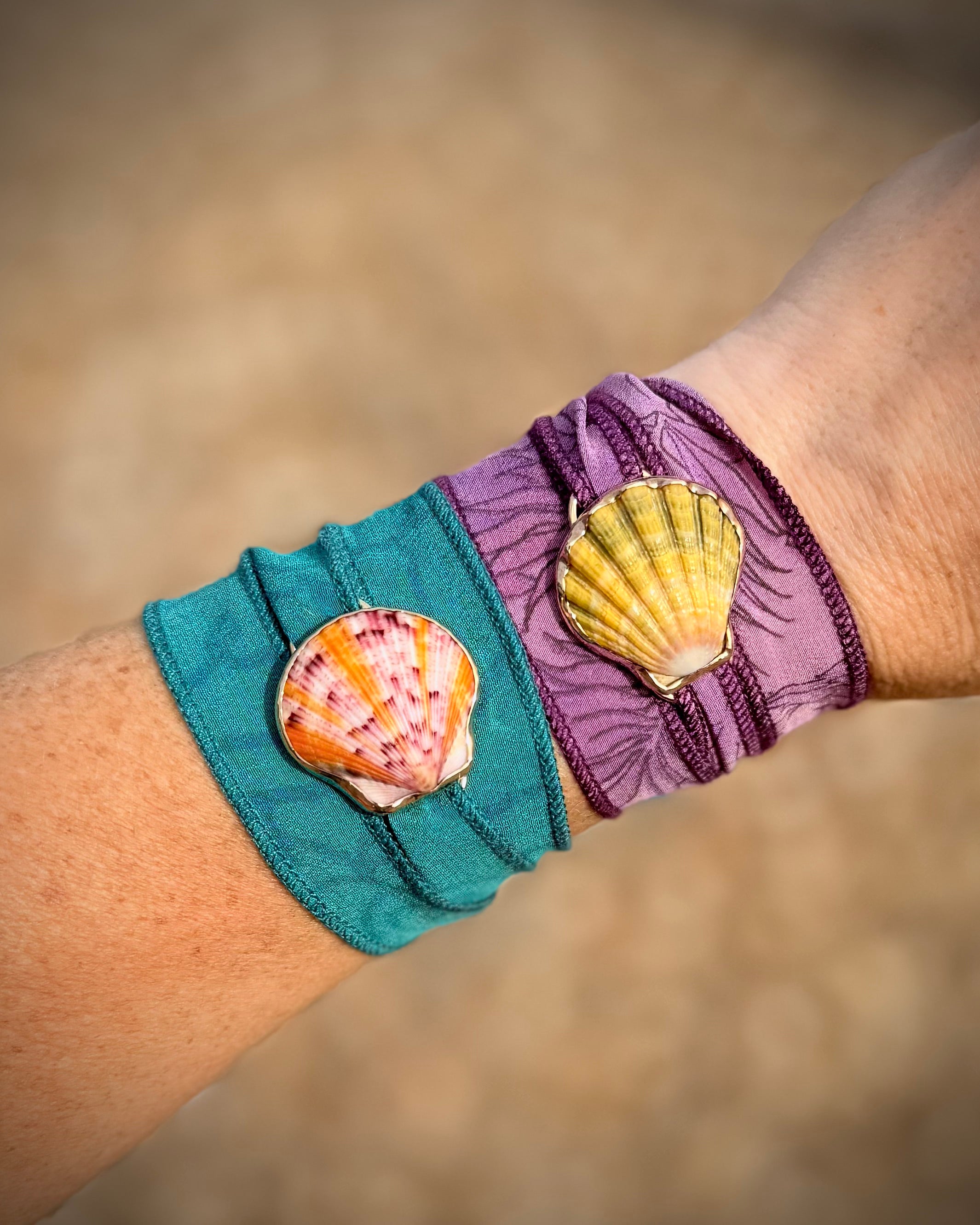 Mermaid Wrap Bracelet Recycled Sari Silk - Sunrise Or Pink Scallop Shell