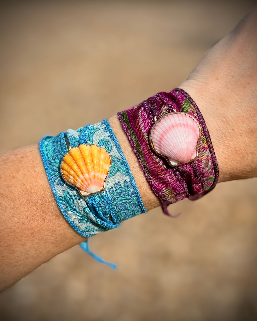 Mermaid Wrap Bracelet Recycled Sari Silk - Sunrise Or Pink Scallop Shell