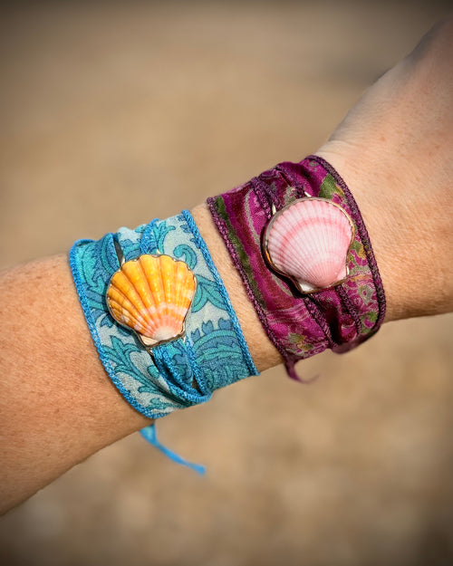 Mermaid Wrap Bracelet Recycled Sari Silk - Sunrise Or Pink Scallop Shell