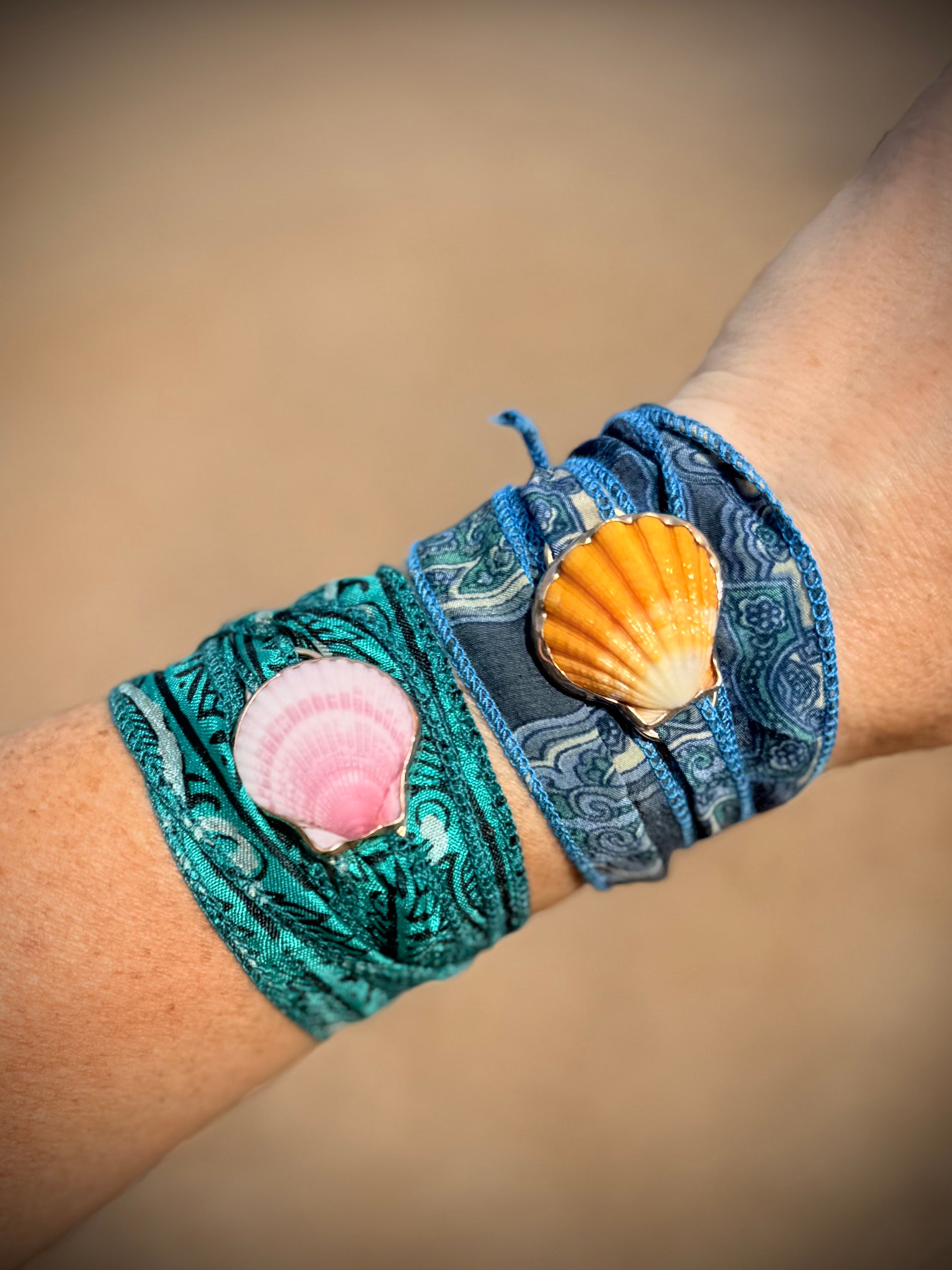 Mermaid Wrap Bracelet Recycled Sari Silk - Sunrise Or Pink Scallop Shell