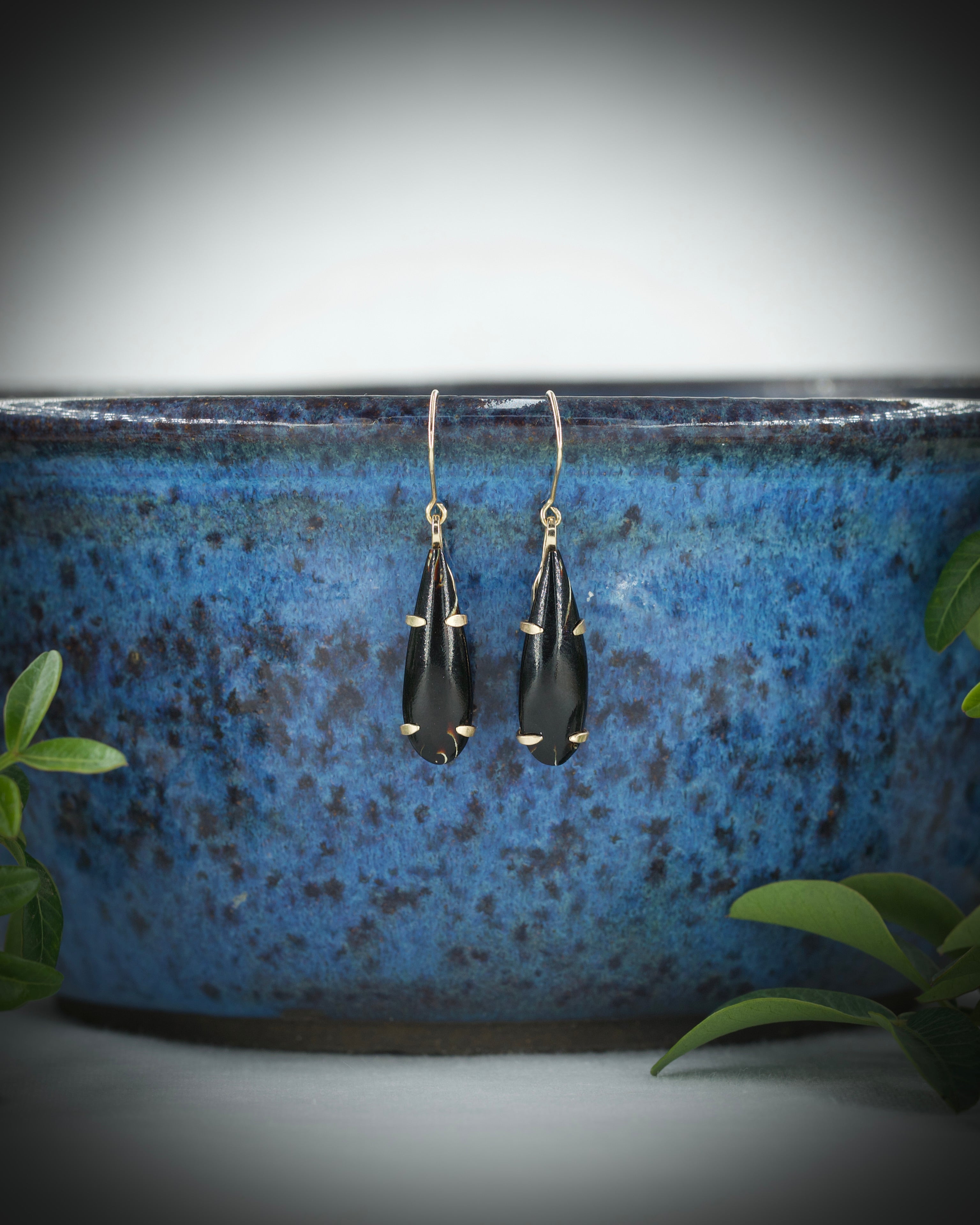 Vintage Hawaiian Black Coral Teardrop Earrings - 14k Gold Filled