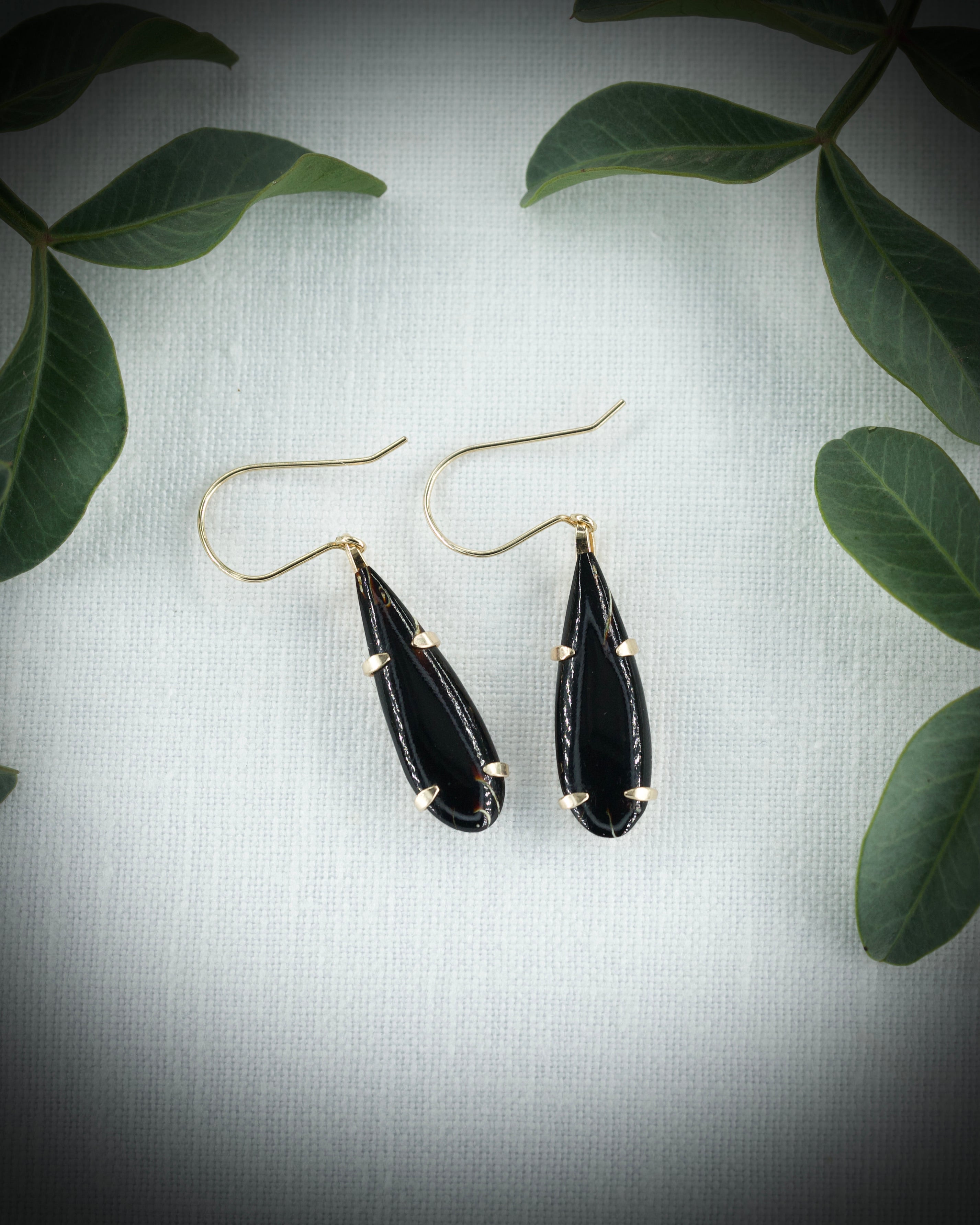 Vintage Hawaiian Black Coral Teardrop Earrings - 14k Gold Filled
