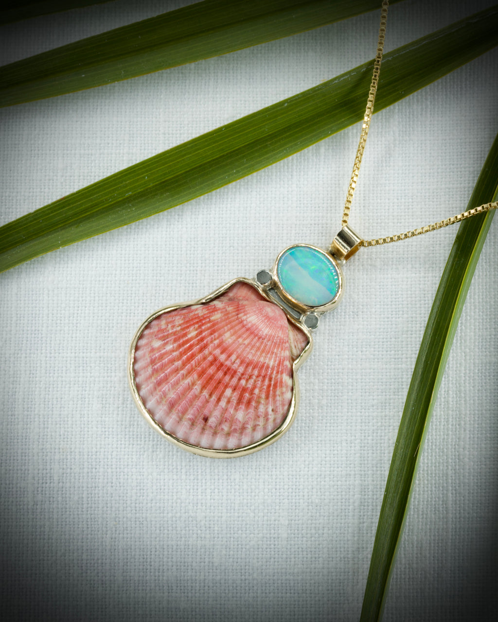 Bright Pink Scallop Shell & Opal Necklace -14k Gold Filled