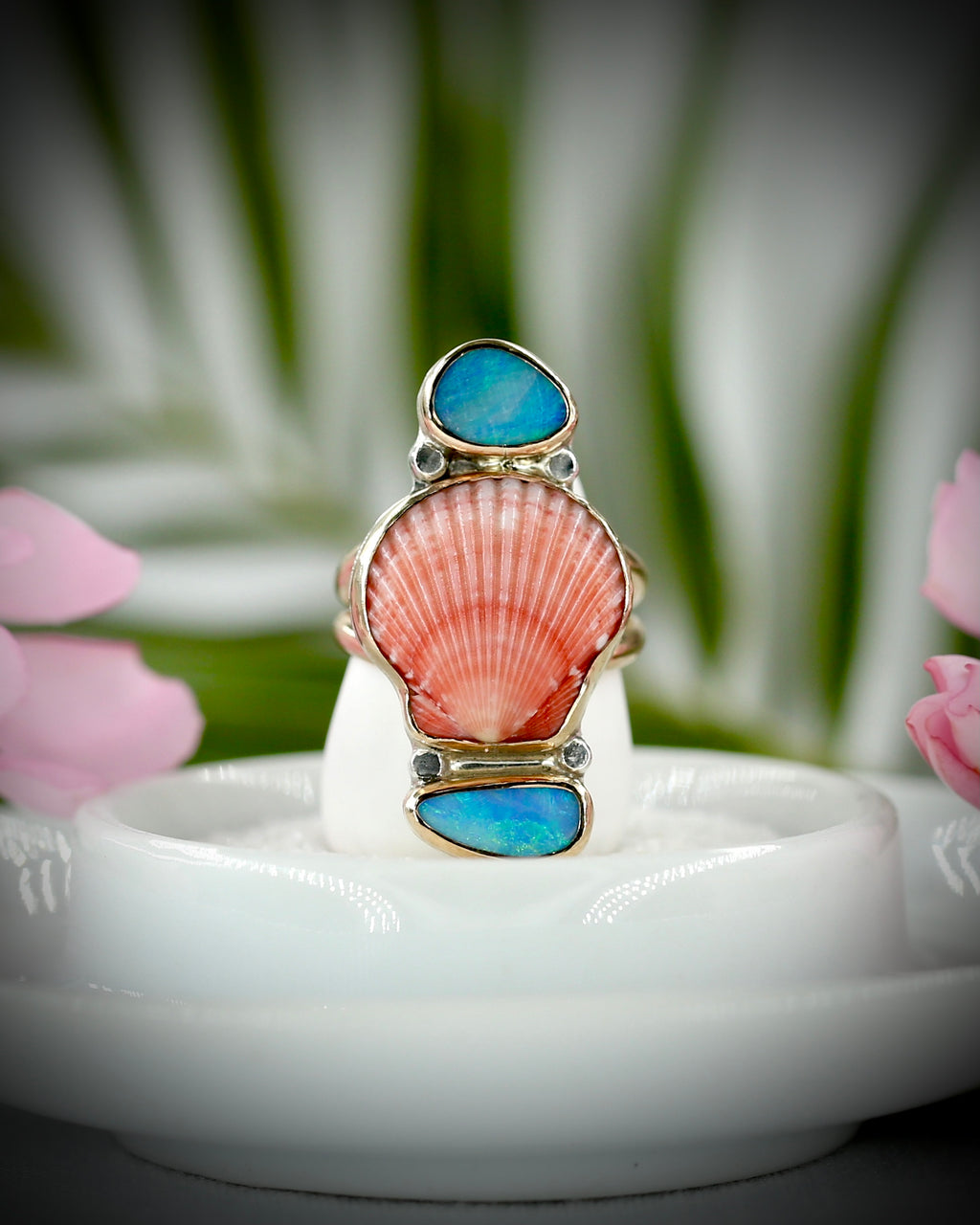 Pink Scallop Shell & Opal Ring - 14k Gold Fill Size 7.5