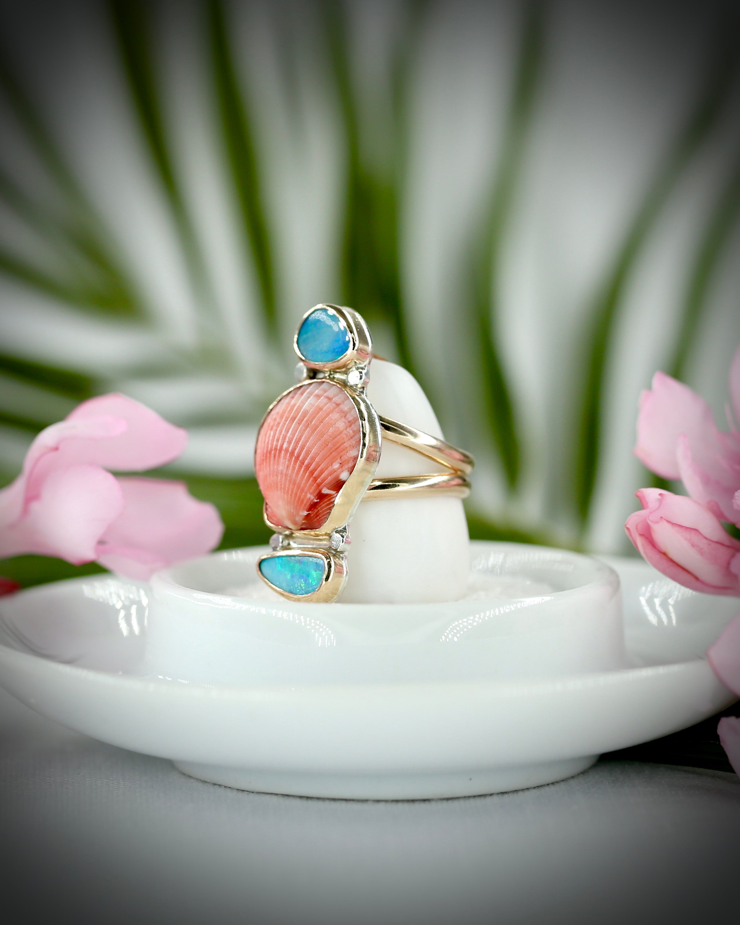 Pink Scallop Shell & Opal Ring - 14k Gold Fill Size 7.5